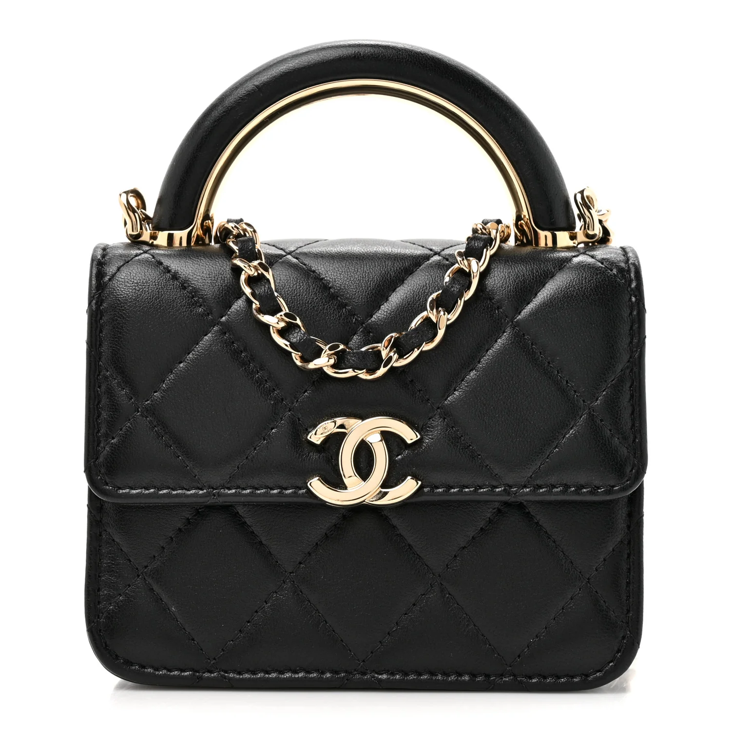 Lambskin Quilted Top Handle Flap Clutch With Chain Black