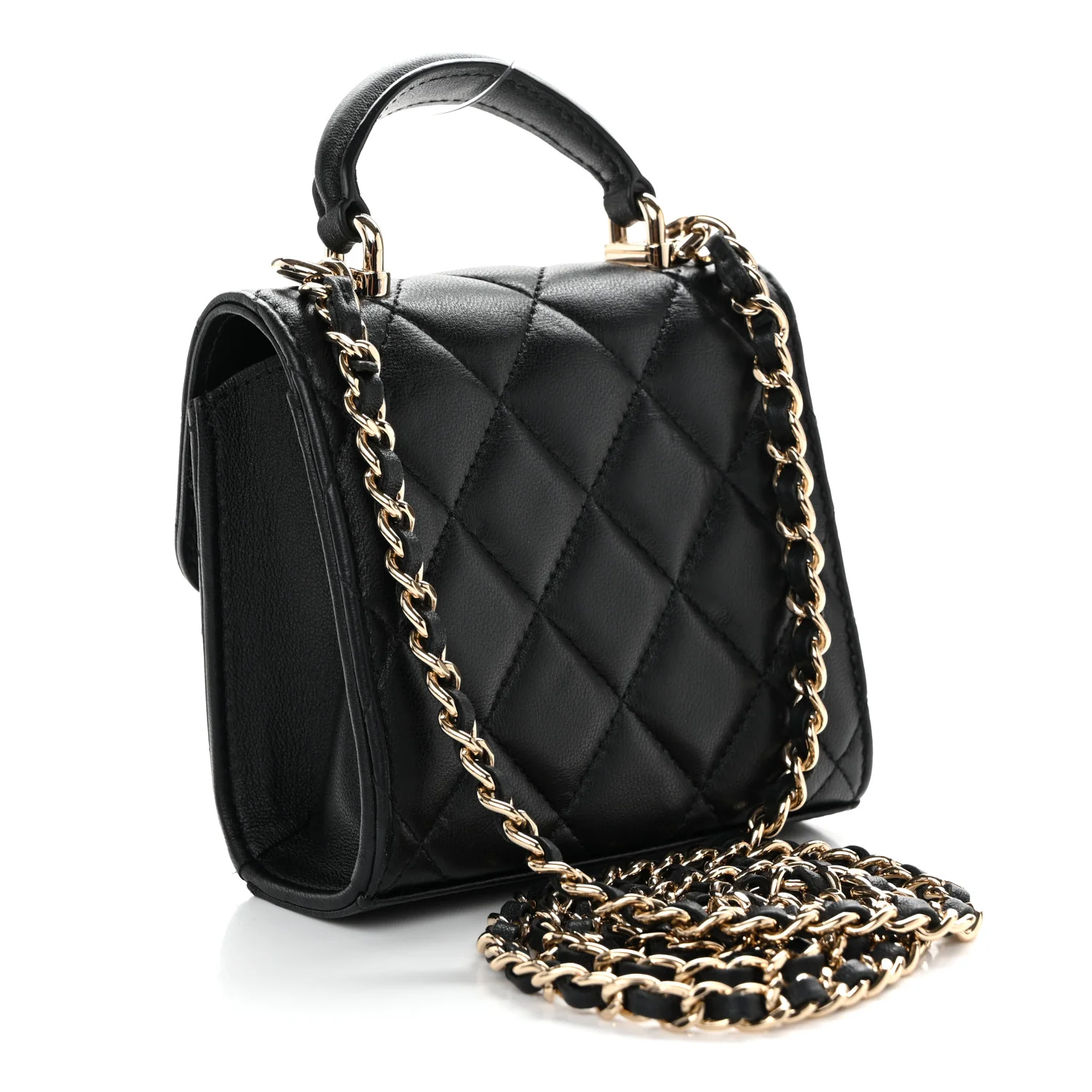 Lambskin Quilted Top Handle Flap Clutch With Chain Black - Image 3