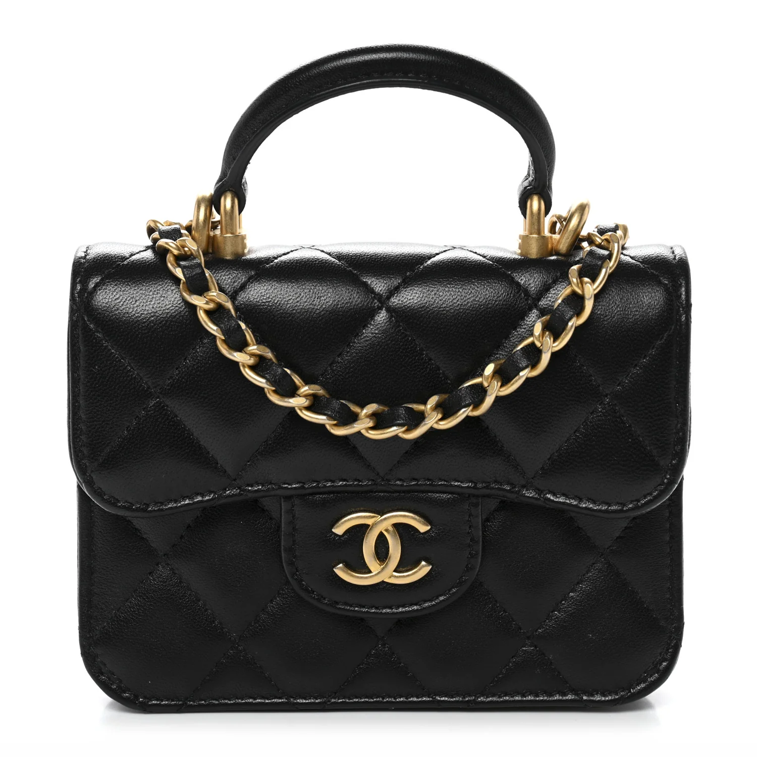 Lambskin Quilted Top Handle Flap Coin Purse With Chain Black