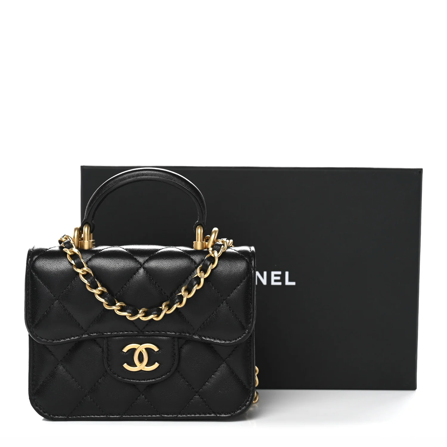 Lambskin Quilted Top Handle Flap Coin Purse With Chain Black - Image 12