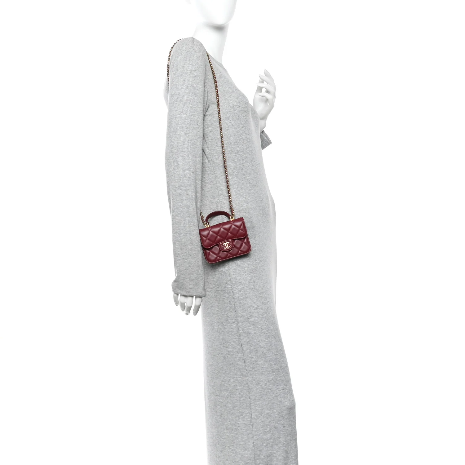 Lambskin Quilted Top Handle Flap Coin Purse With Chain Burgundy - Image 2