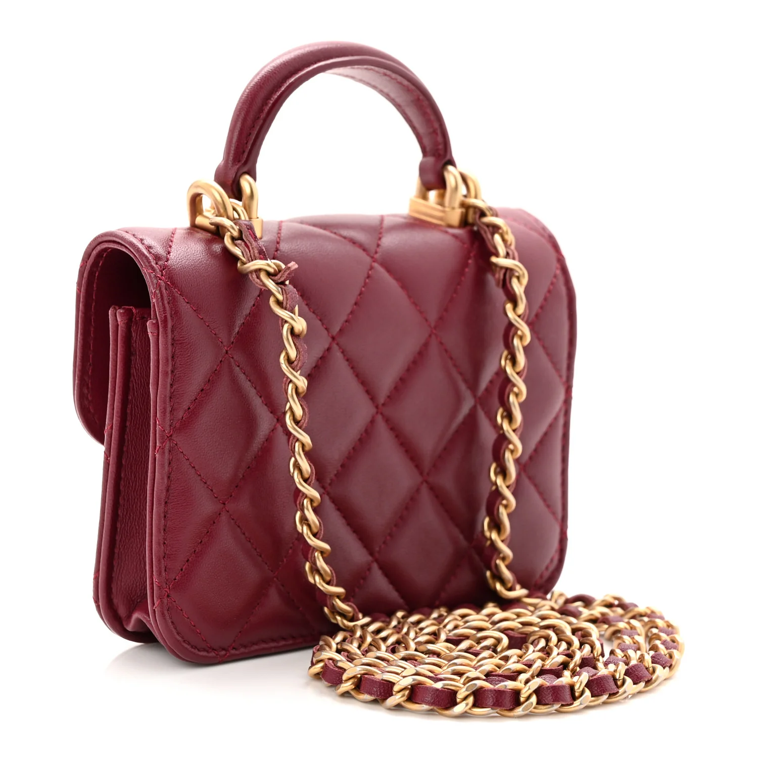 Lambskin Quilted Top Handle Flap Coin Purse With Chain Burgundy - Image 3