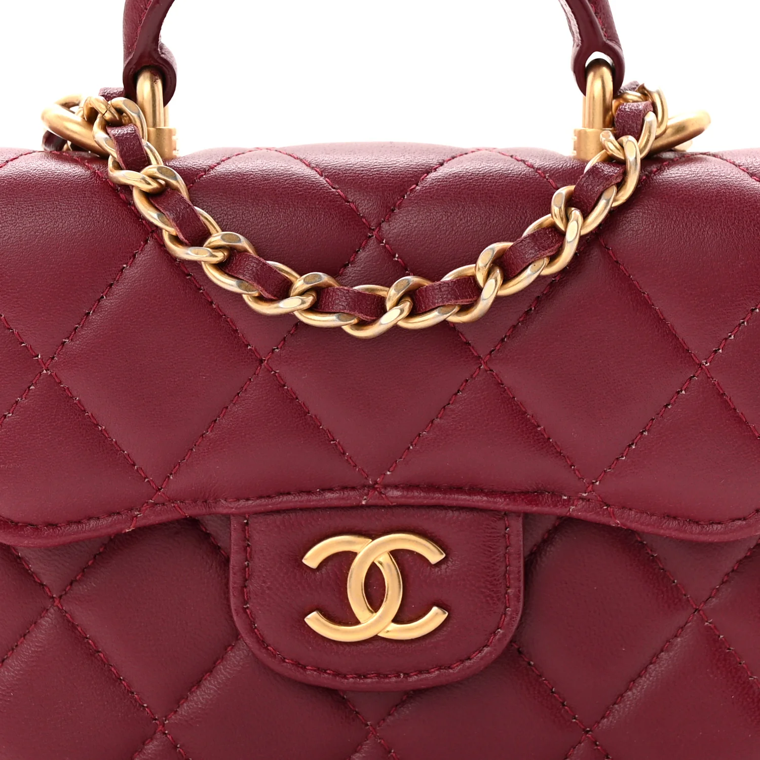 Lambskin Quilted Top Handle Flap Coin Purse With Chain Burgundy - Image 9