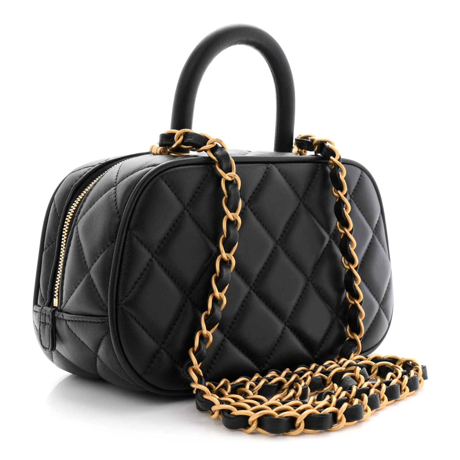 Lambskin Quilted Top Handle Mini Bowling Bag Black - Image 3
