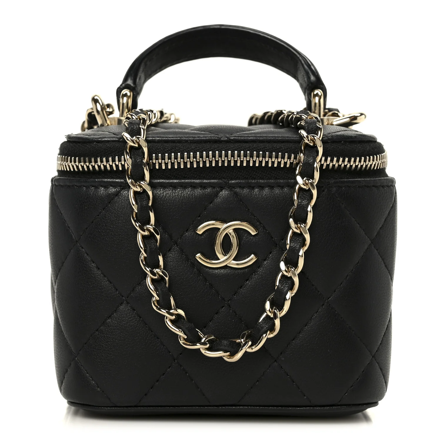Lambskin Quilted Top Handle Mini Vanity Case With Chain Black