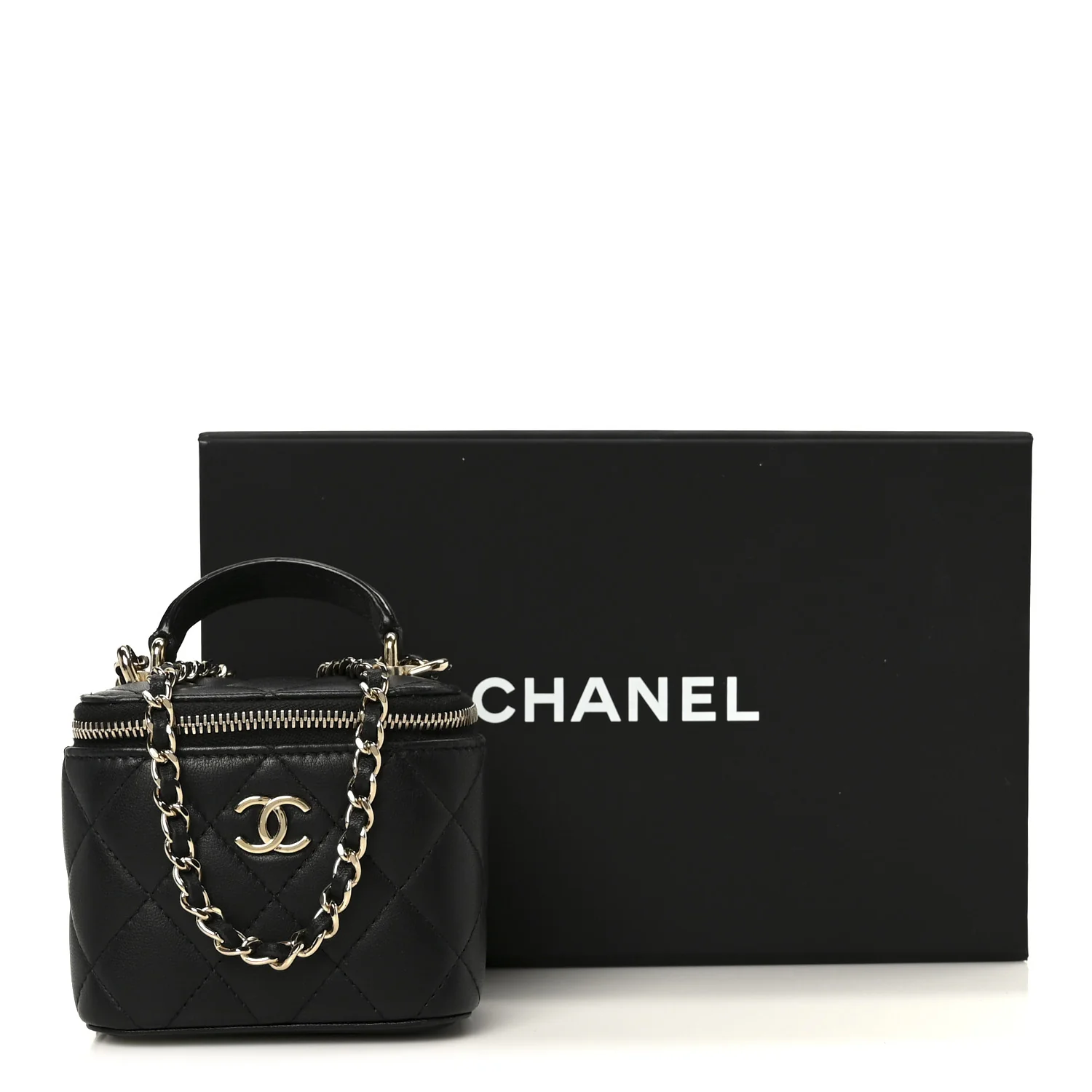 Lambskin Quilted Top Handle Mini Vanity Case With Chain Black - Image 12