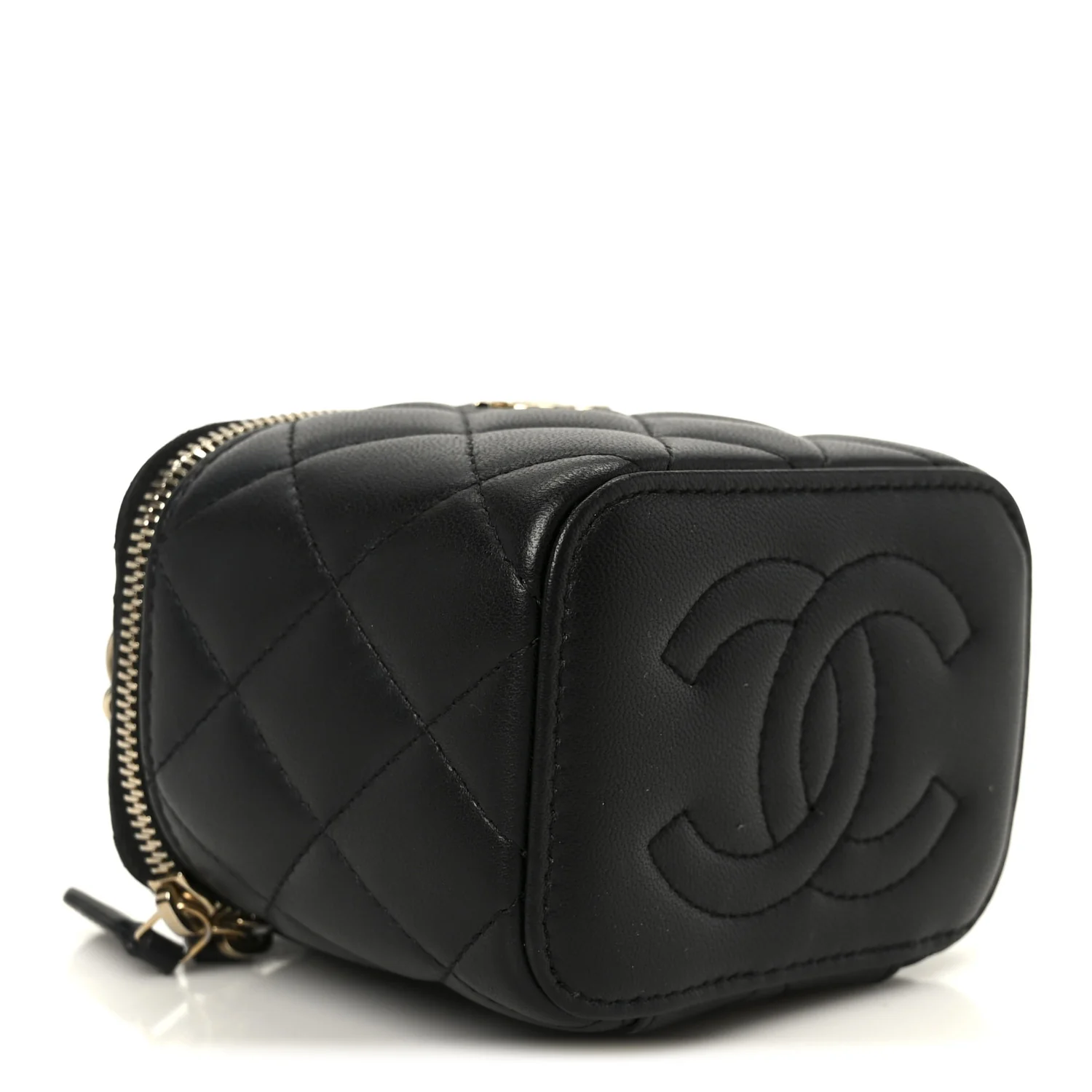 Lambskin Quilted Top Handle Mini Vanity Case With Chain Black - Image 4