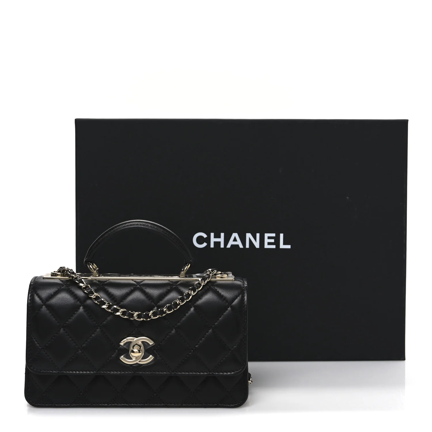 Lambskin Quilted Trendy CC Dual Handle Clutch With Chain Black - Image 12