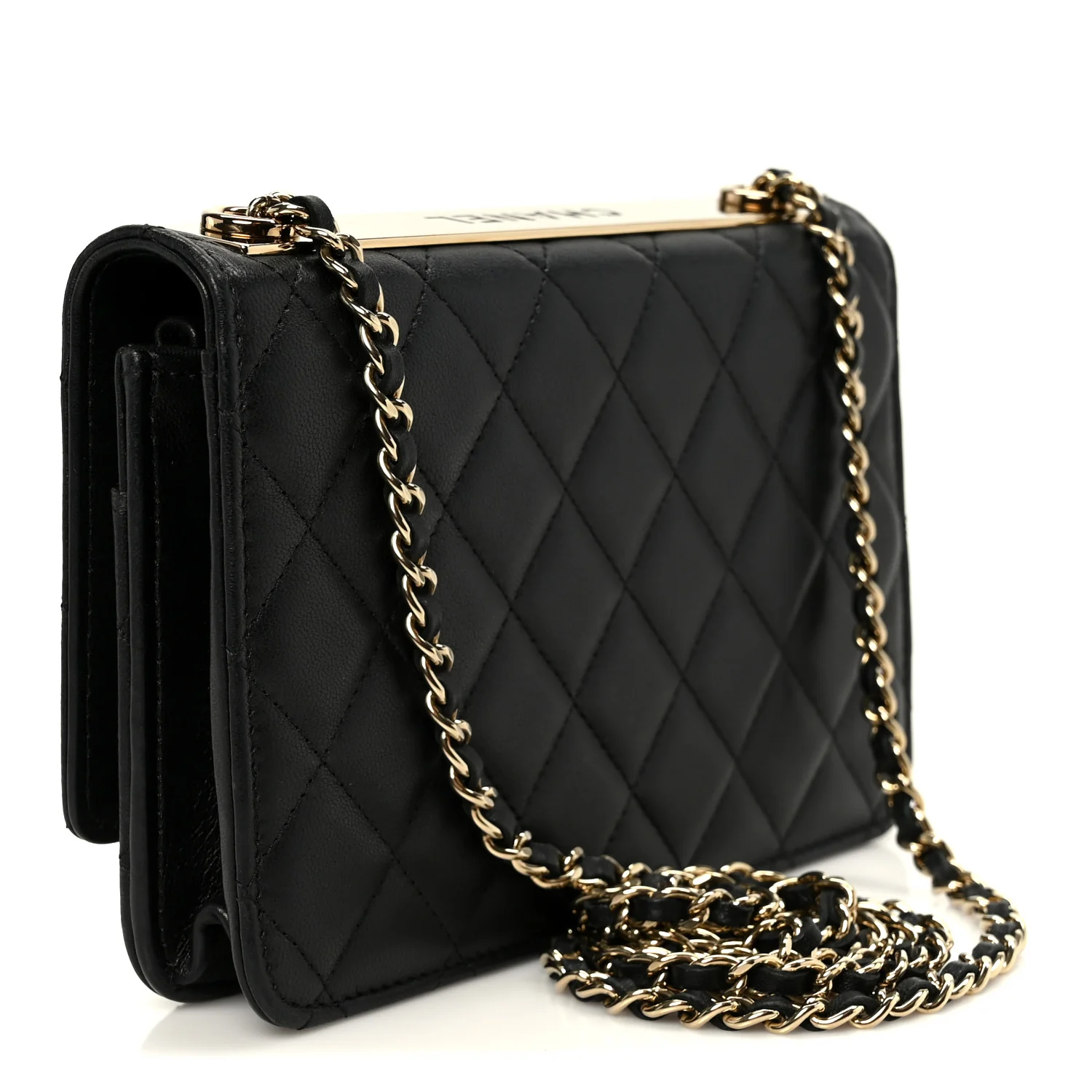 Lambskin Quilted Trendy CC Wallet On Chain WOC Black - Image 3