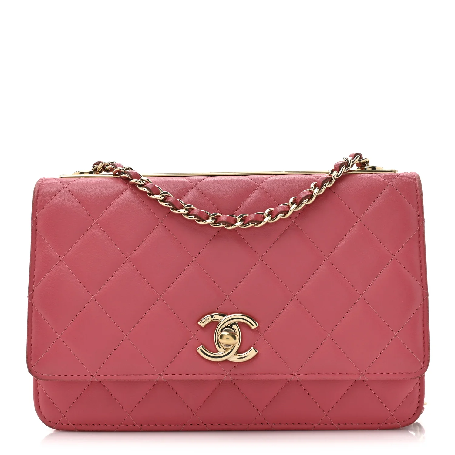 Lambskin Quilted Trendy CC Wallet On Chain WOC Bright Pink