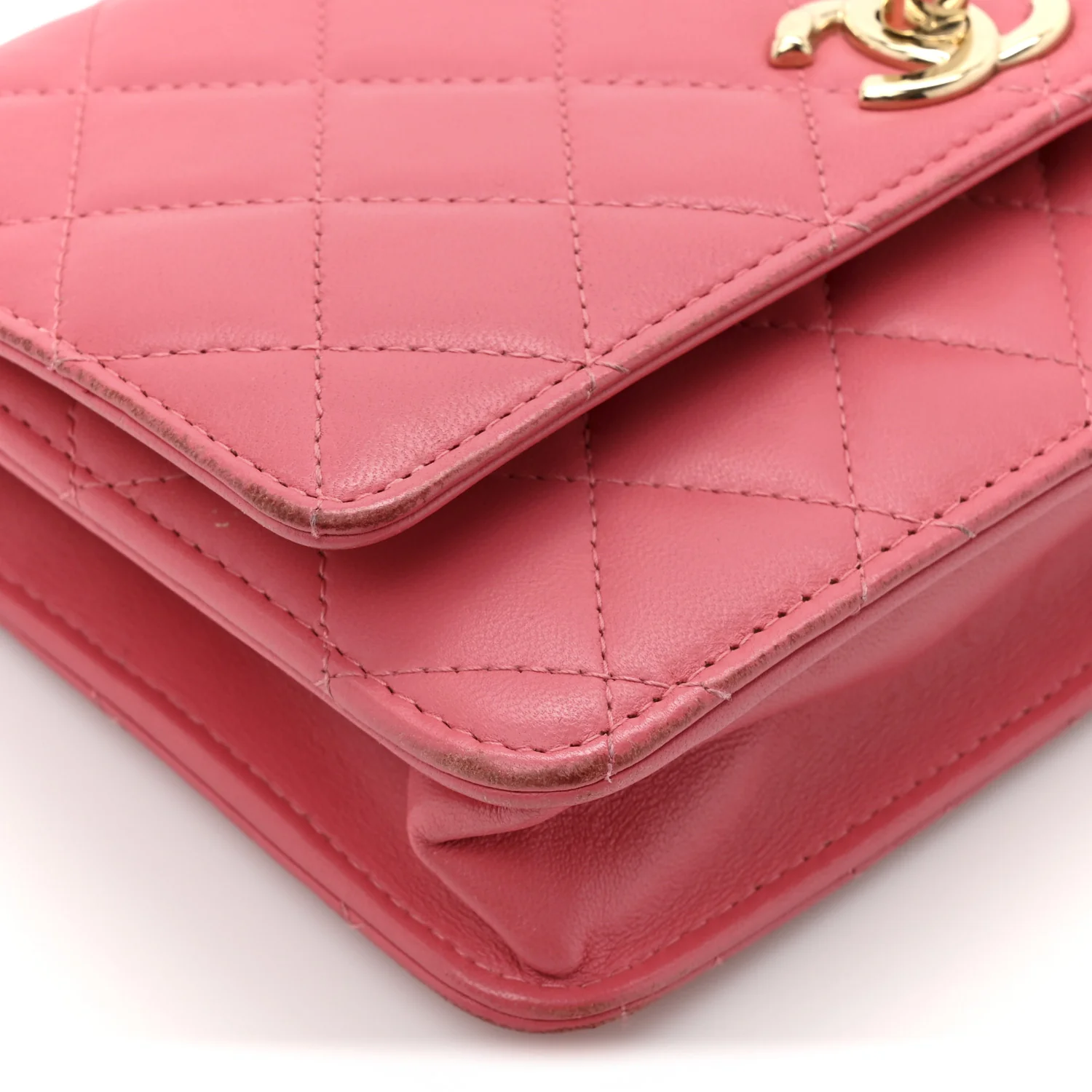 Lambskin Quilted Trendy CC Wallet On Chain WOC Bright Pink - Image 11