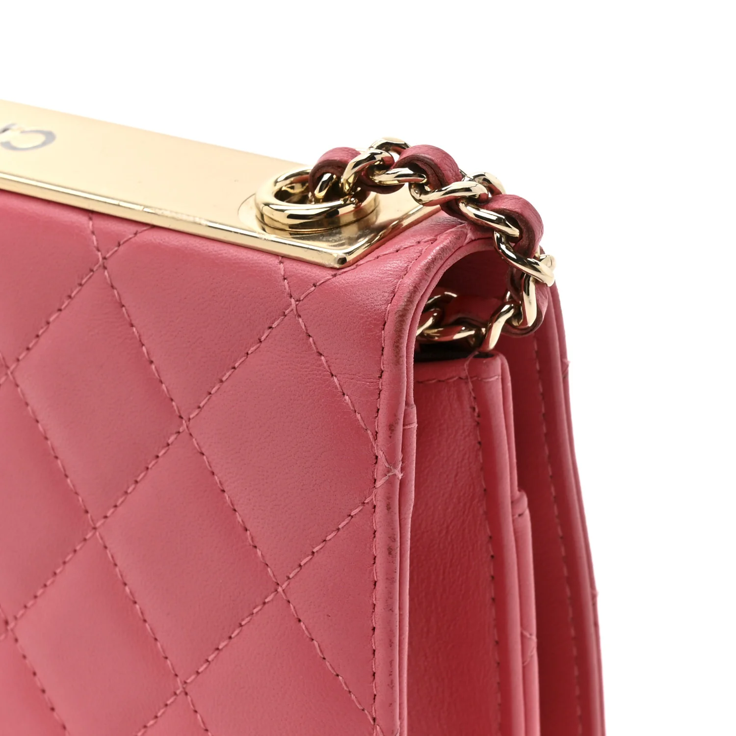 Lambskin Quilted Trendy CC Wallet On Chain WOC Bright Pink - Image 14