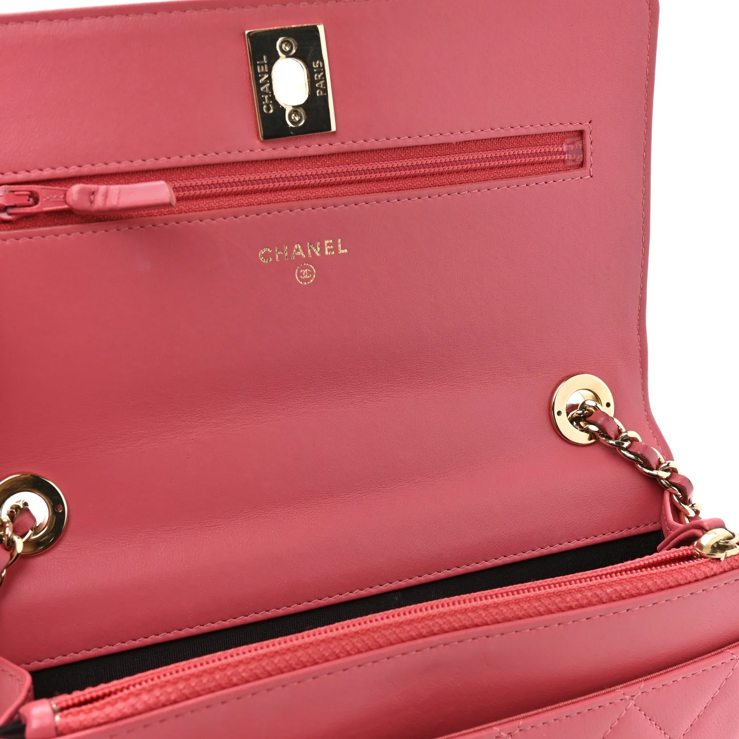 Lambskin Quilted Trendy CC Wallet On Chain WOC Bright Pink - Image 16