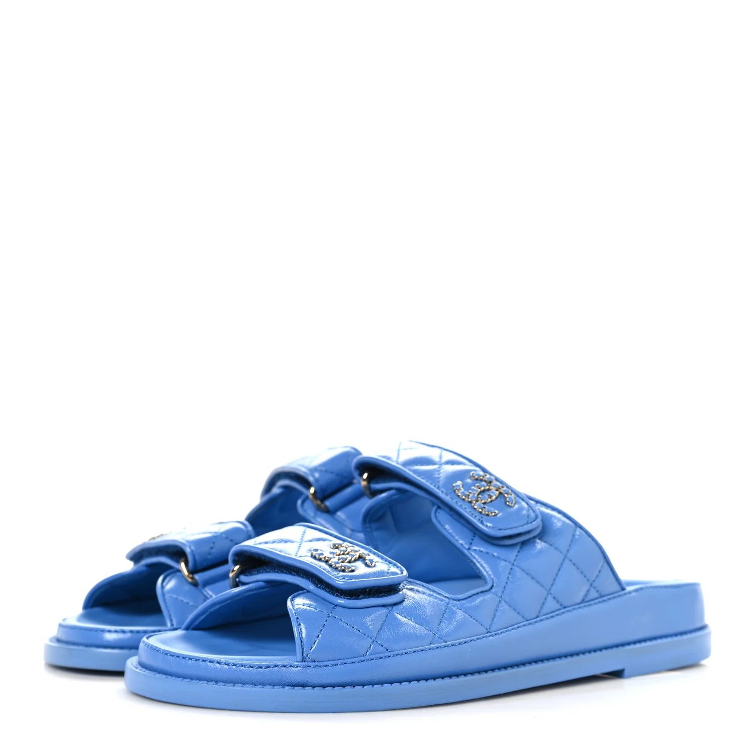 Lambskin Quilted Velcro Dad Chain CC Slide Sandals 37 Blue - Image 4