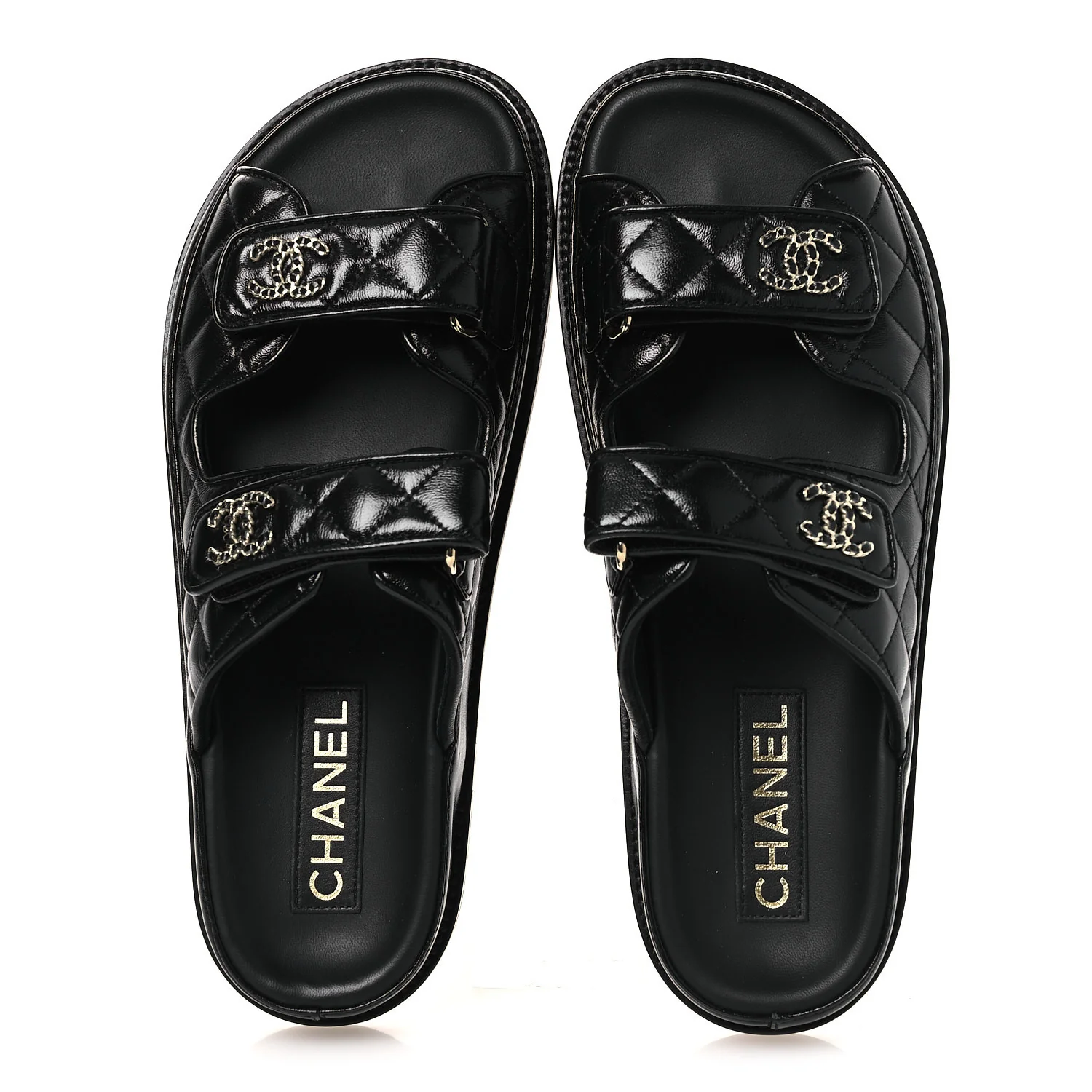 Lambskin Quilted Velcro Dad Chain CC Slide Sandals 38.5 Black - Image 2