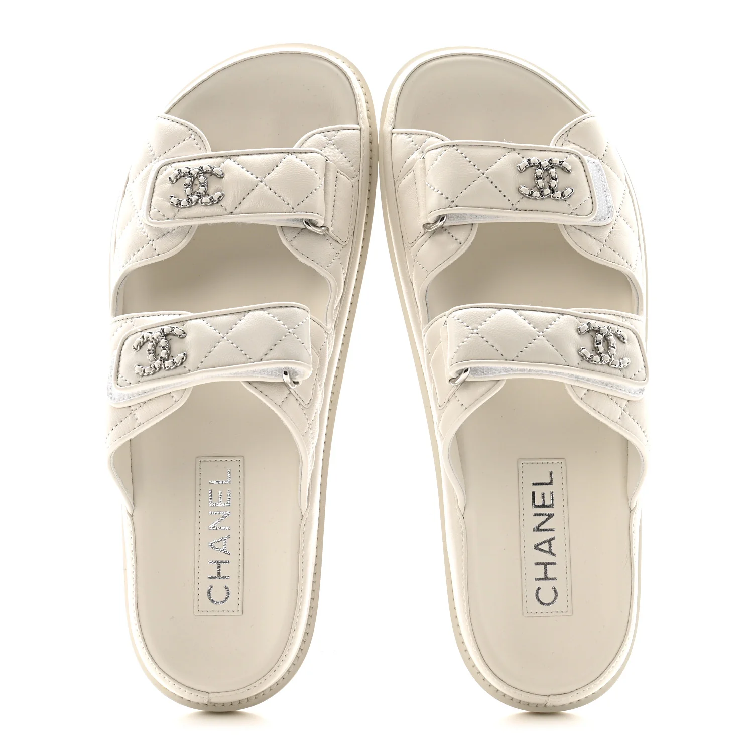 Lambskin Quilted Velcro Dad Chain CC Slide Sandals 39.5 White - Image 2