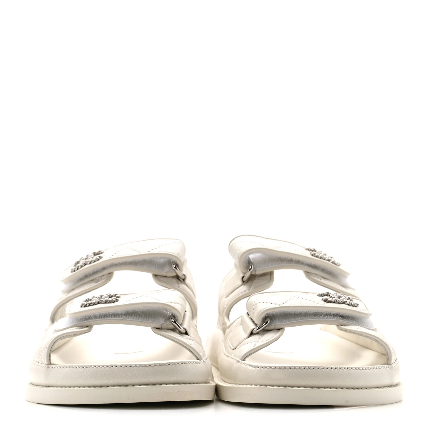 Lambskin Quilted Velcro Dad Chain CC Slide Sandals 39.5 White - Image 3
