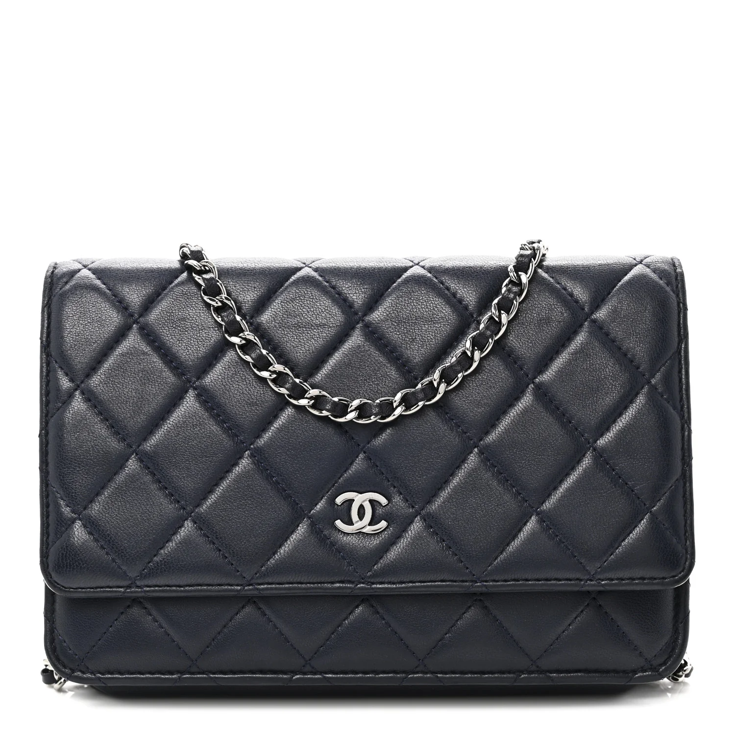 Lambskin Quilted Wallet On Chain WOC Navy Blue - Image 9
