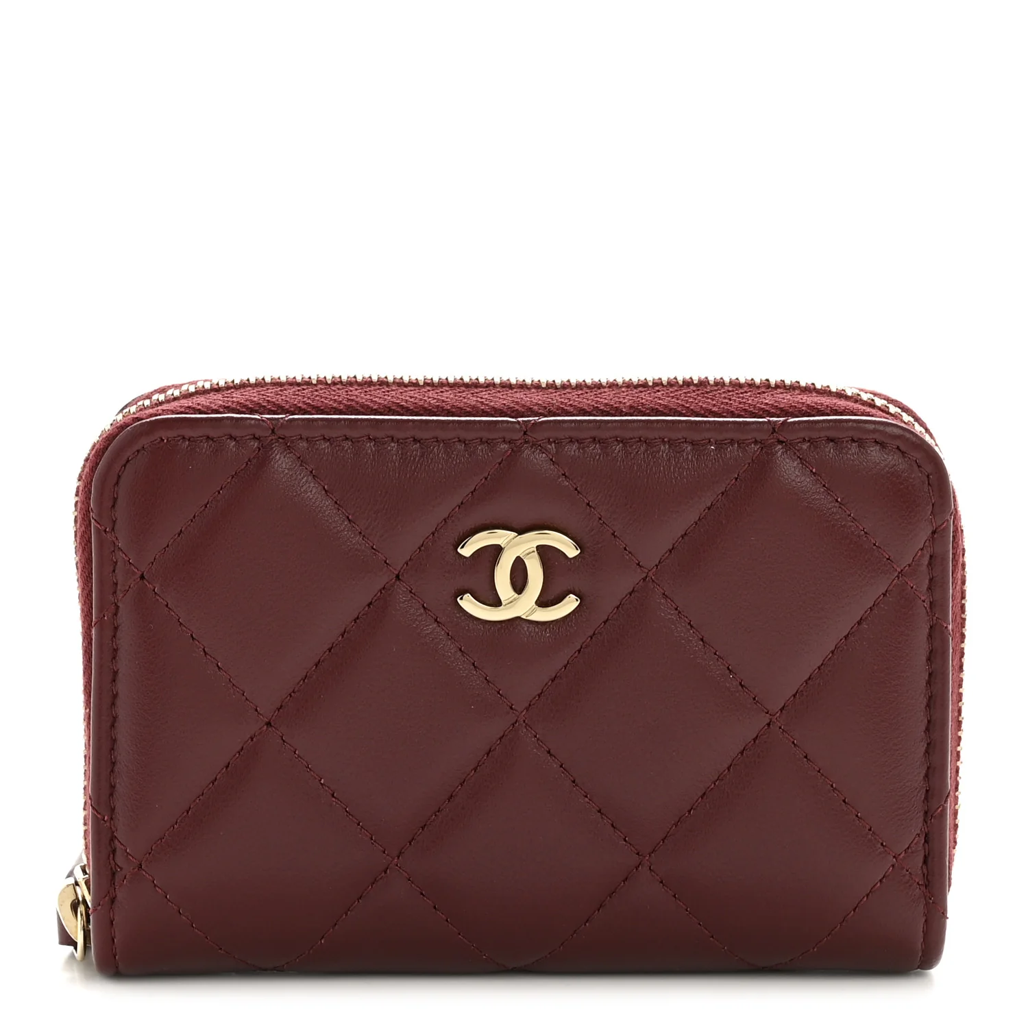 Lambskin Quilted Zip Around Coin Purse Wallet Burgundy