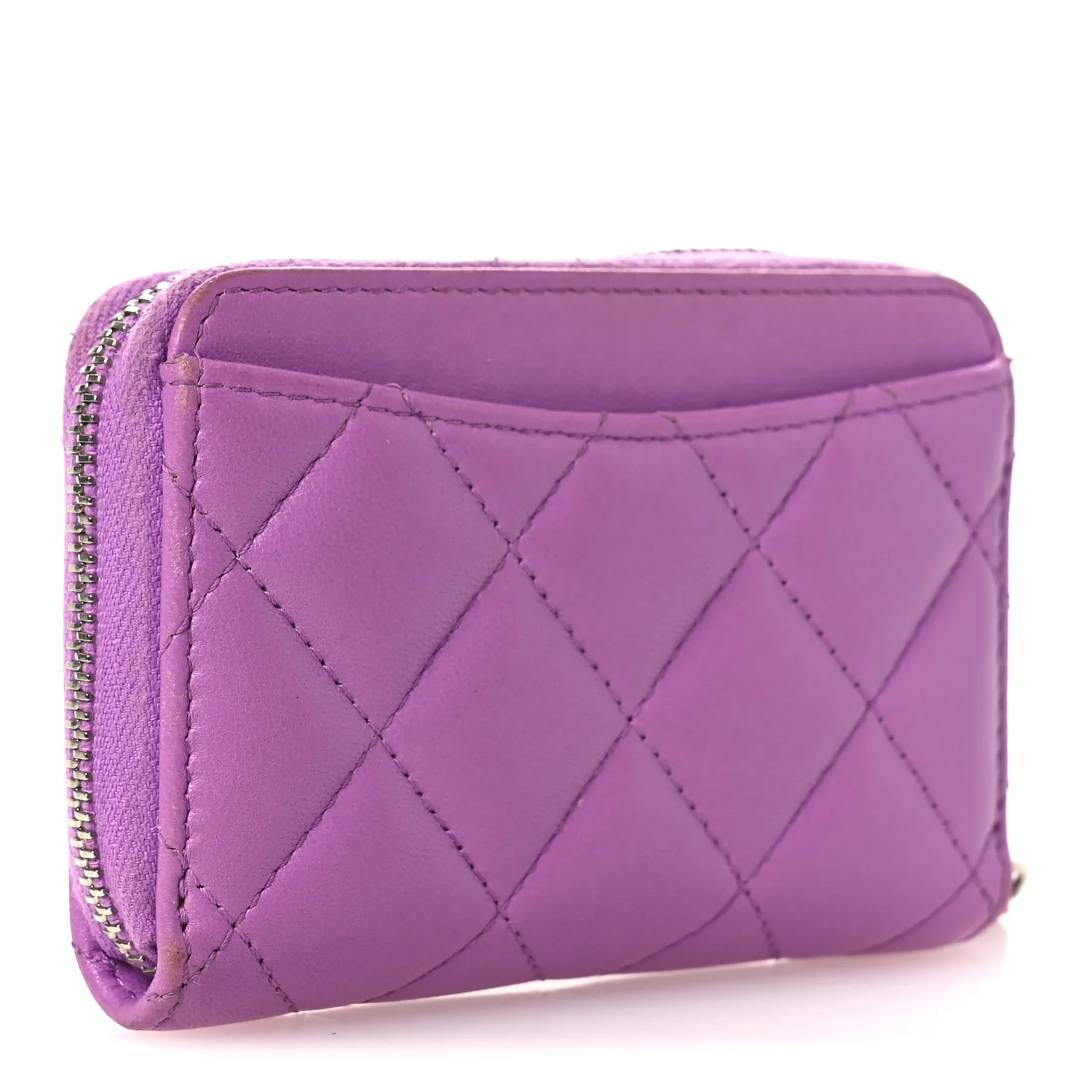 Lambskin Quilted Zip Around Coin Purse Wallet Purple - Image 3