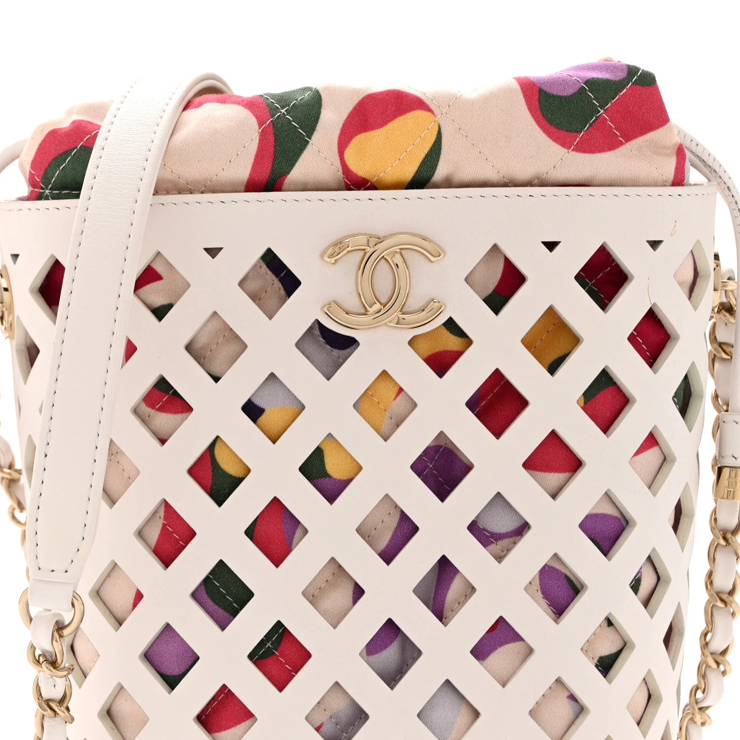 Lambskin Sea Through Bucket Drawstring Bag White Multicolor - Image 10