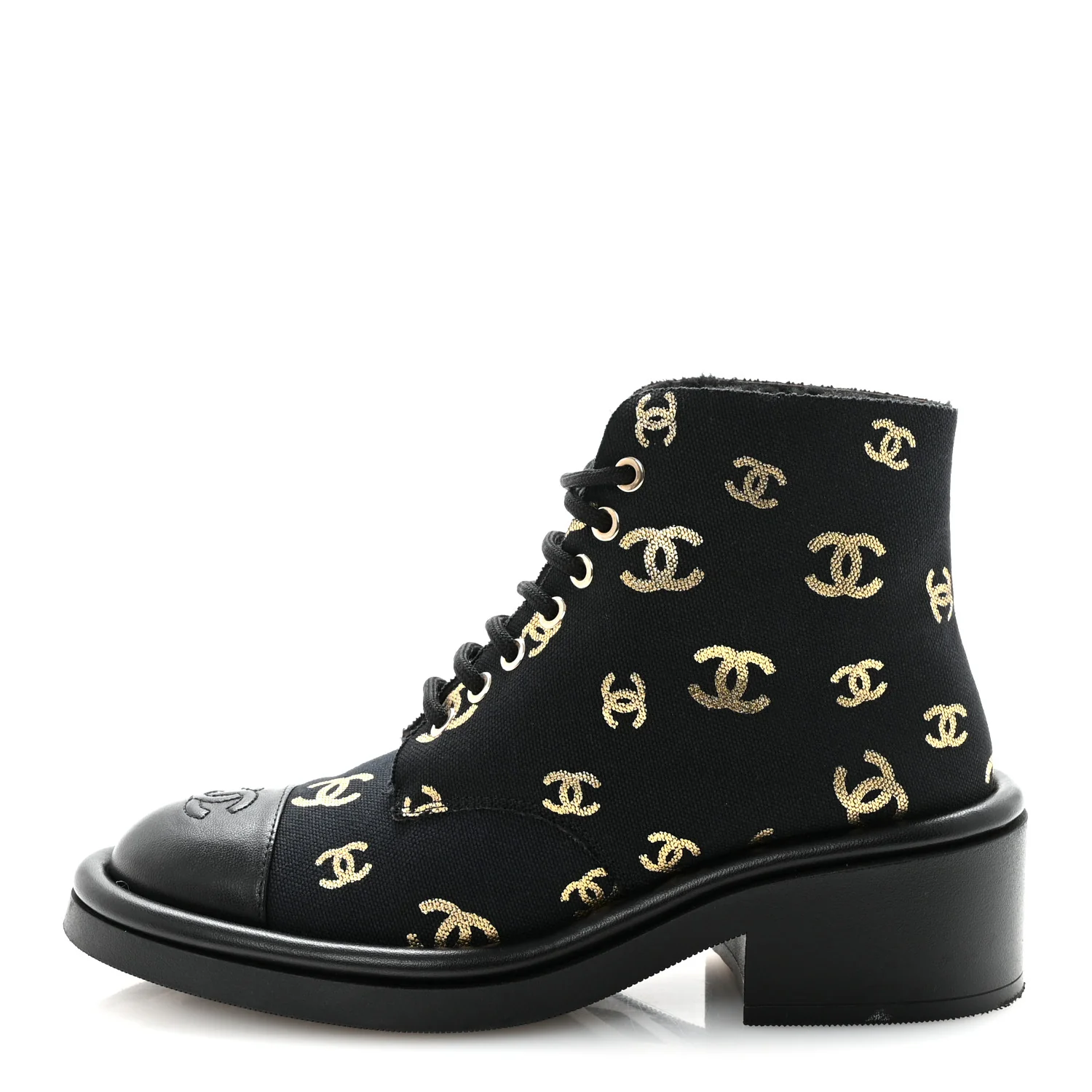 Lambskin Shearling Canvas CC Lace Up Boots 36.5 Black Gold