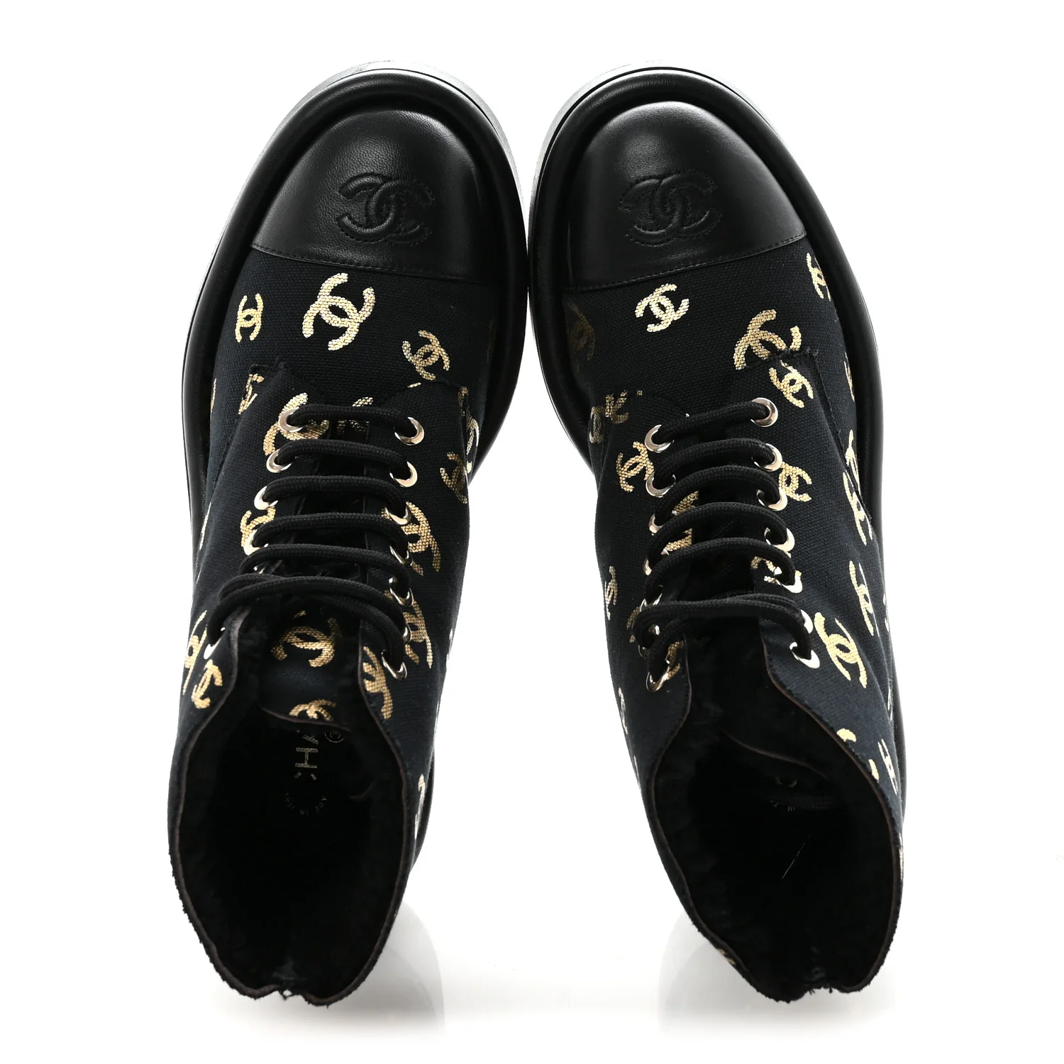 Lambskin Shearling Canvas CC Lace Up Boots 36.5 Black Gold - Image 2