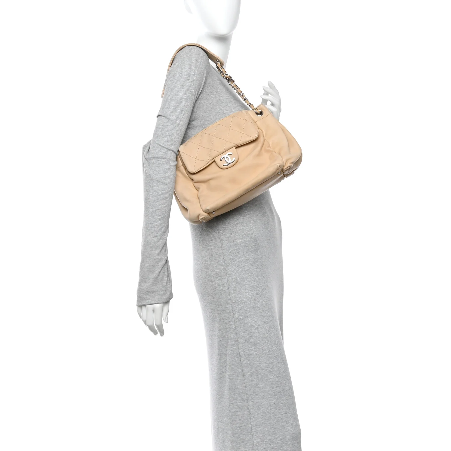 Lambskin Stitched Accordion Flap Tote Beige - Image 2