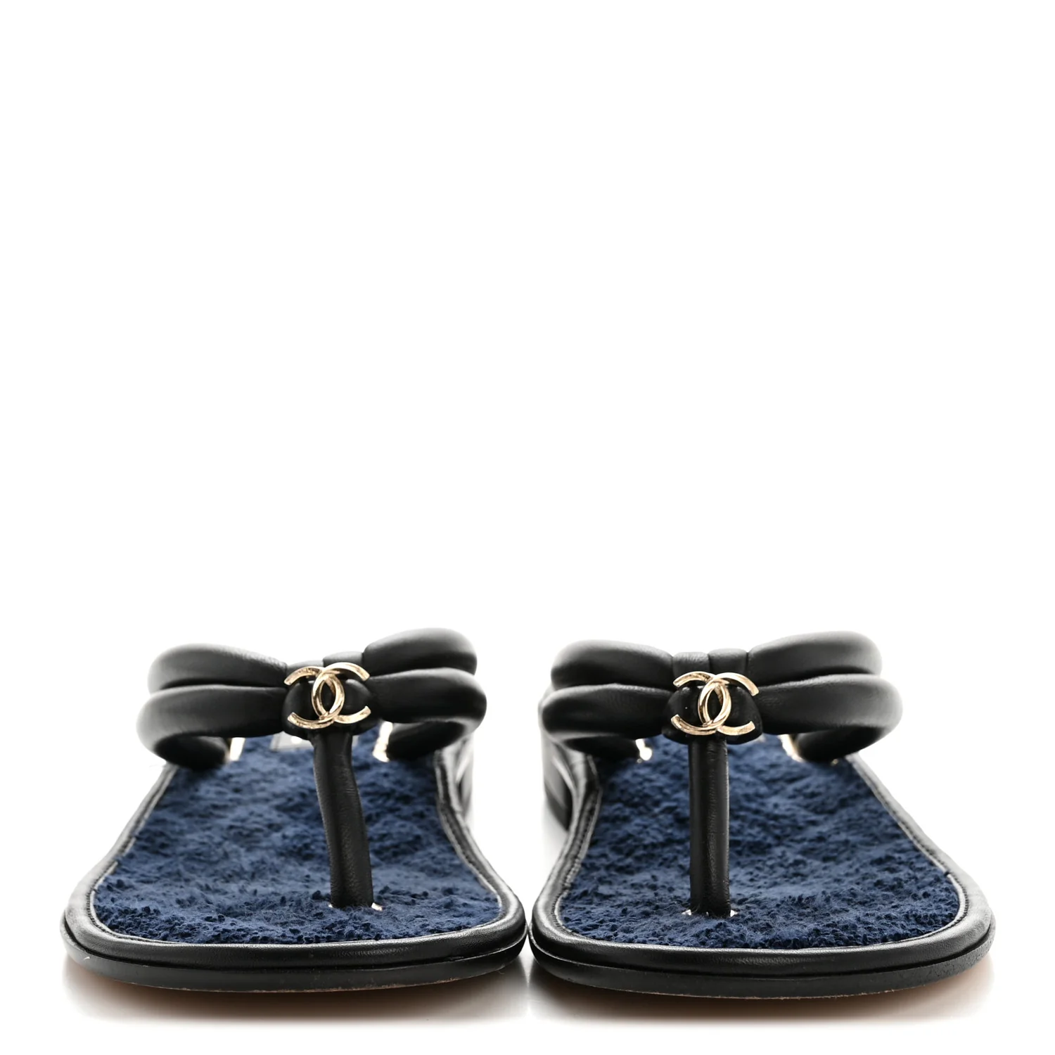 Lambskin Terry Cloth CC Thong Sandals 36 Black Dark Navy - Image 3