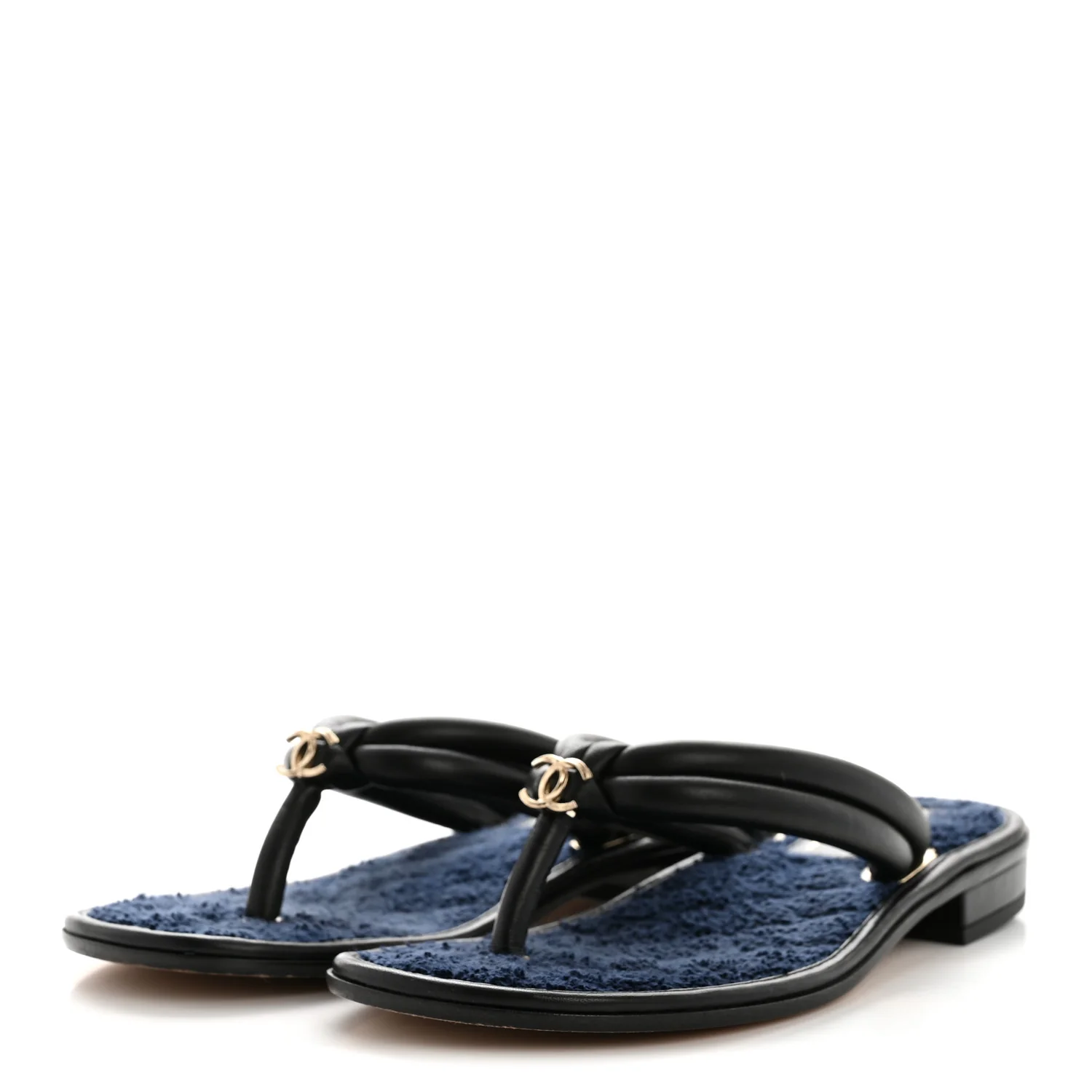 Lambskin Terry Cloth CC Thong Sandals 36 Black Dark Navy - Image 4