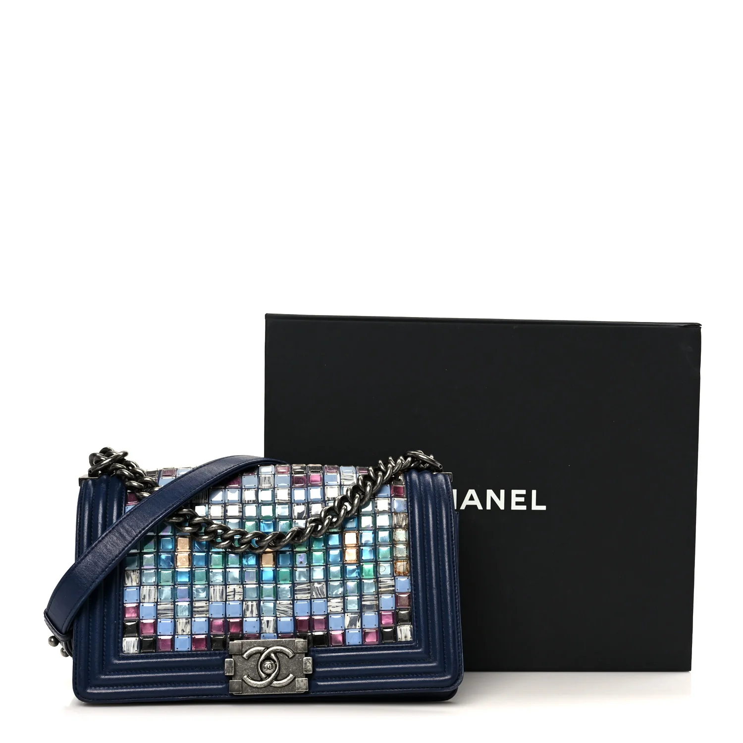 Lambskin Tile Medium Mosaic Boy Flap Navy Multicolor - Image 11