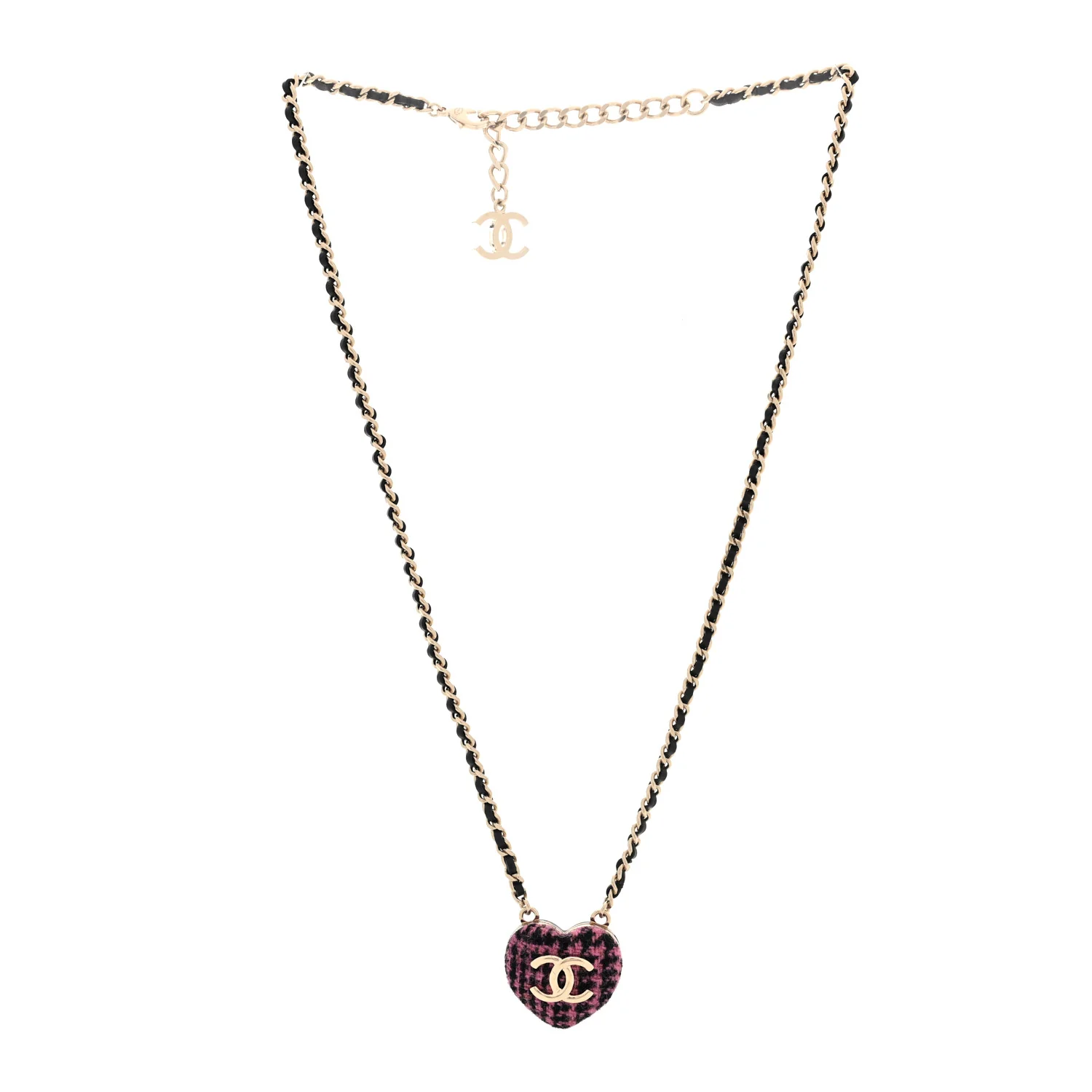 Lambskin Tweed CC Locket Pendant Necklace Black Pink Gold - Image 3