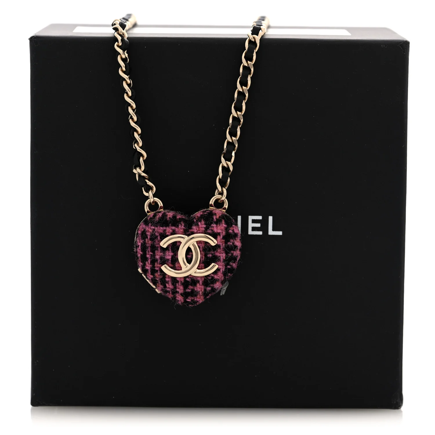 Lambskin Tweed CC Locket Pendant Necklace Black Pink Gold - Image 6