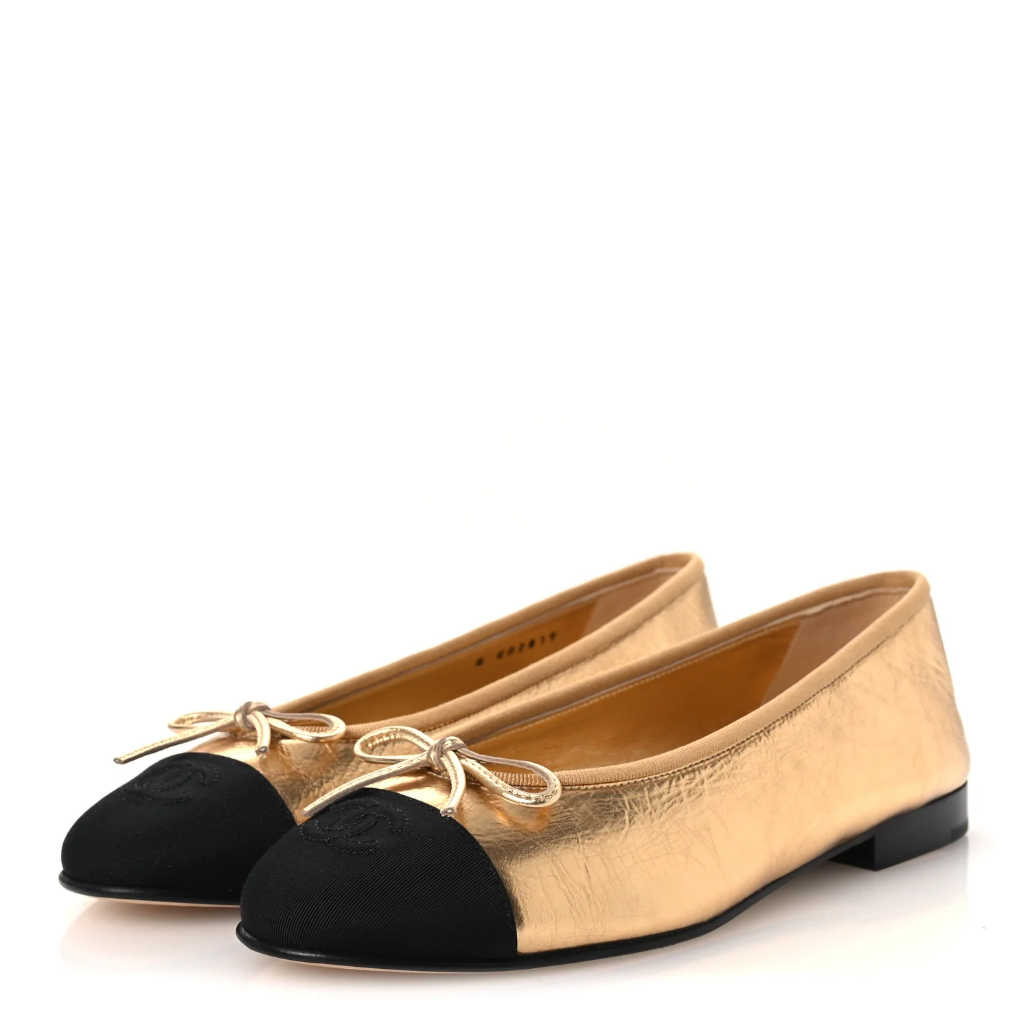 Laminated Crumpled Lambskin Grosgrain Cap Toe CC Ballerina Flats 37.5 Gold Black - Image 4