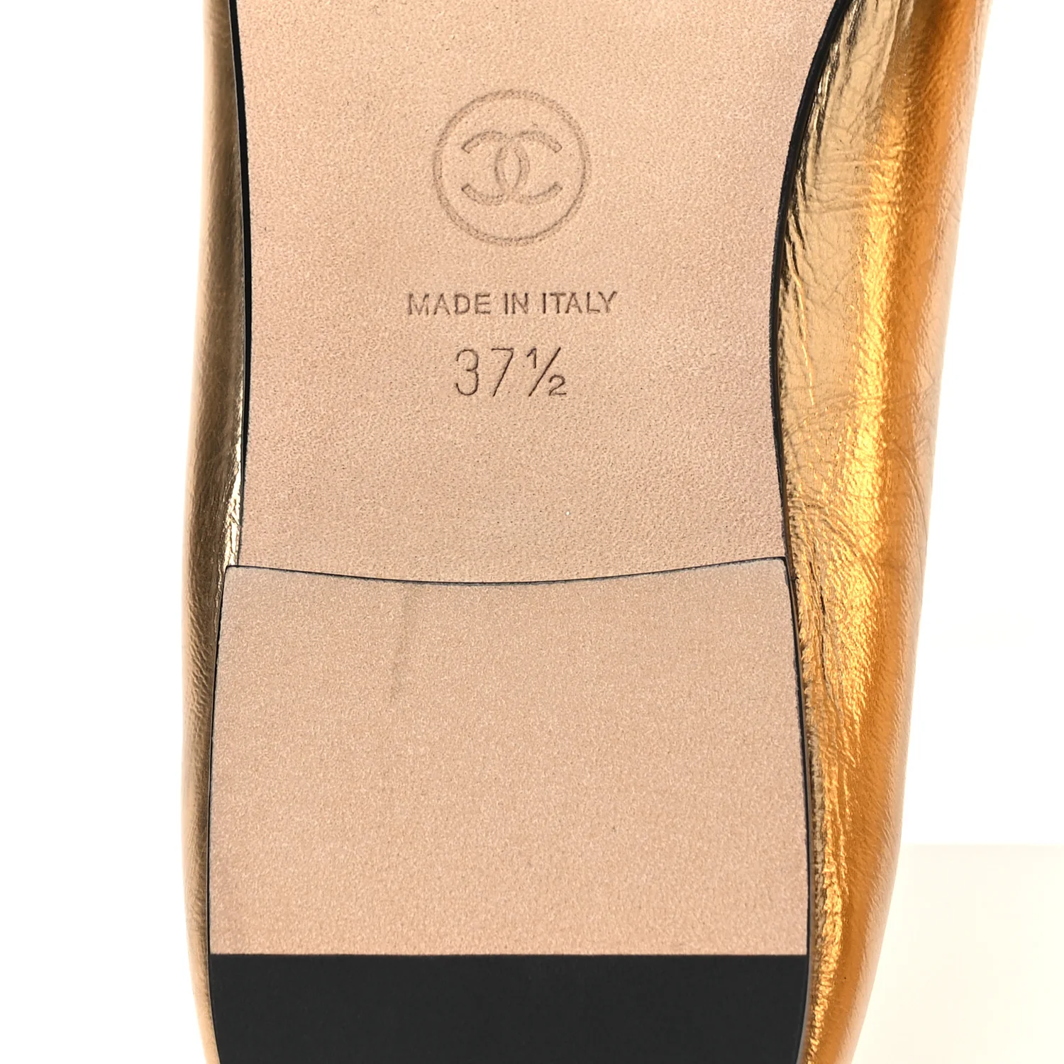 Laminated Crumpled Lambskin Grosgrain Cap Toe CC Ballerina Flats 37.5 Gold Black - Image 8