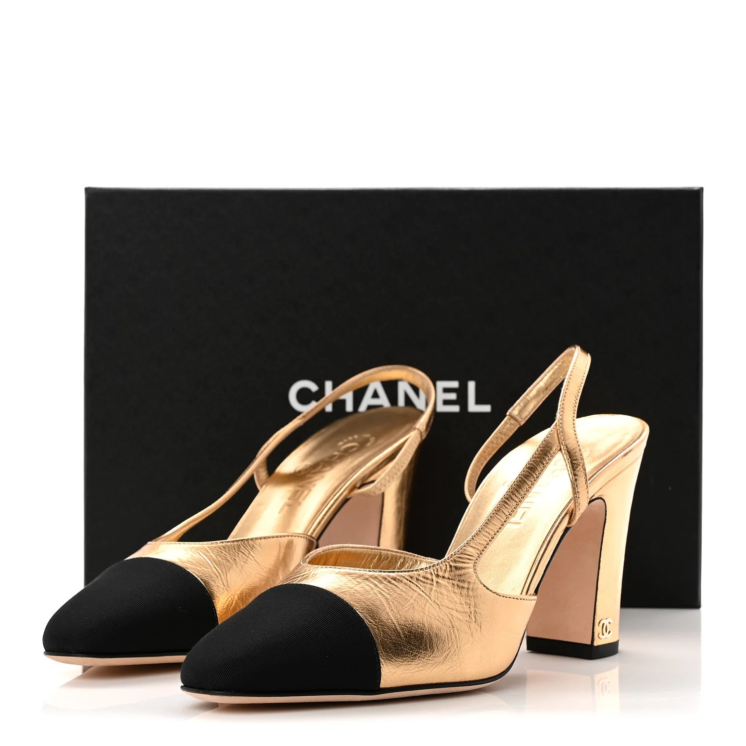 Laminated Crumpled Lambskin Grosgrain Cap Toe CC Slingback Pumps 39.5 Gold Black - Image 10