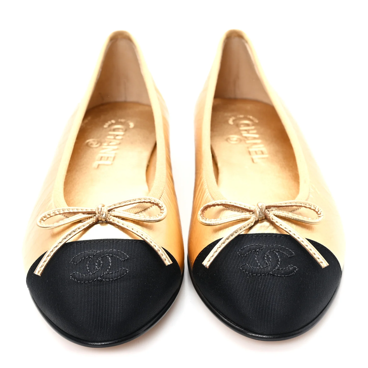 Laminated Lambskin Grosgrain Cap Toe CC Ballerina Flats 39.5 Dark Gold Black - Image 3