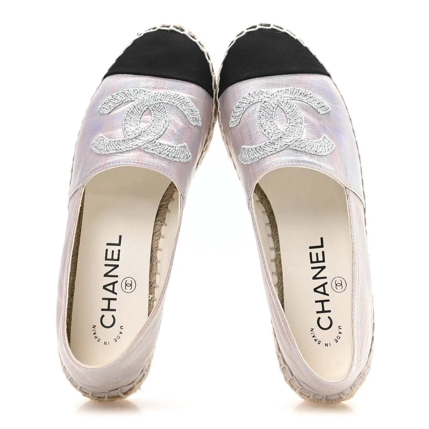 Laminated Lambskin Grosgrain Embroidered CC Espadrilles 36 Pink Silver Black - Image 2