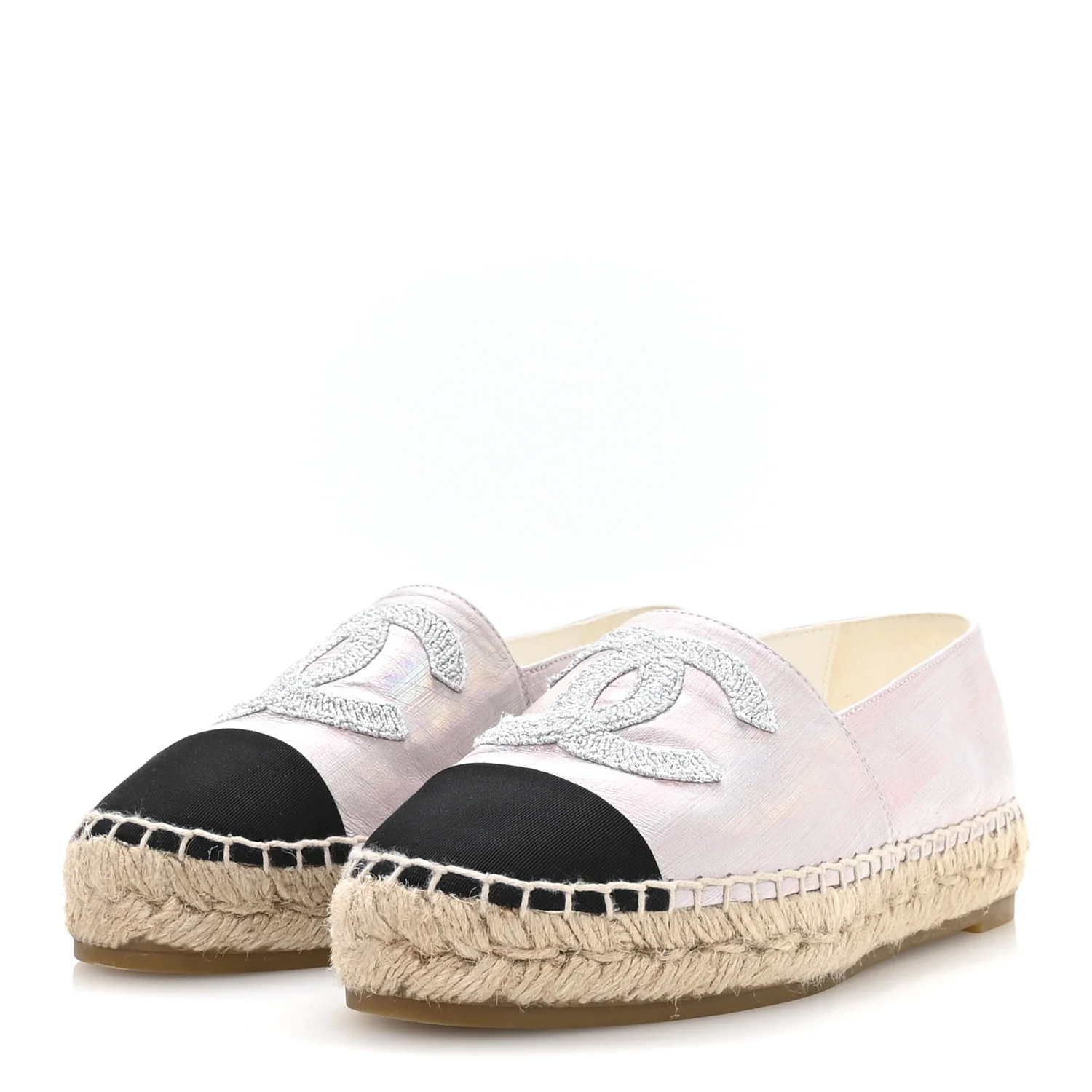 Laminated Lambskin Grosgrain Embroidered CC Espadrilles 36 Pink Silver Black - Image 4