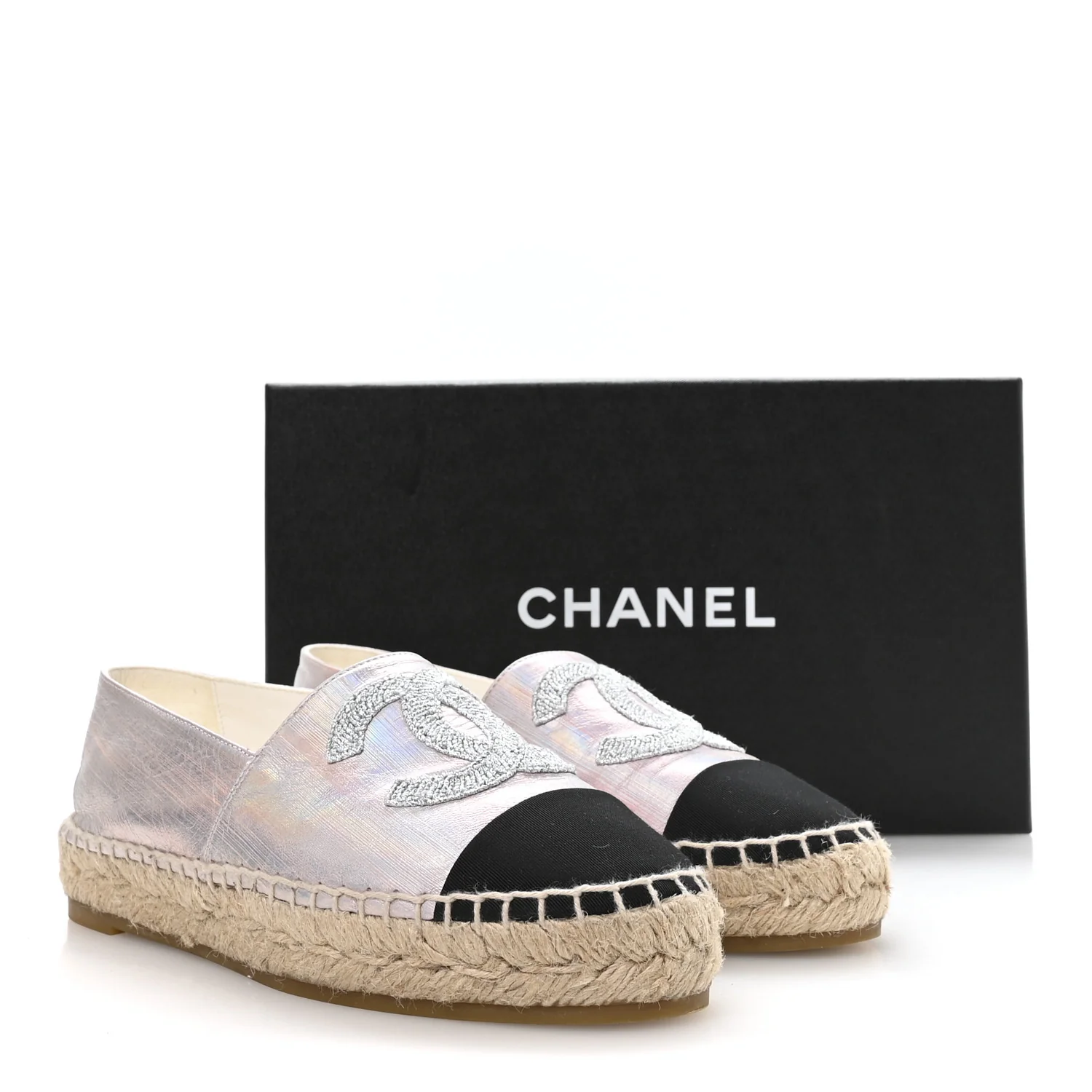 Laminated Lambskin Grosgrain Embroidered CC Espadrilles 36 Pink Silver Black - Image 9
