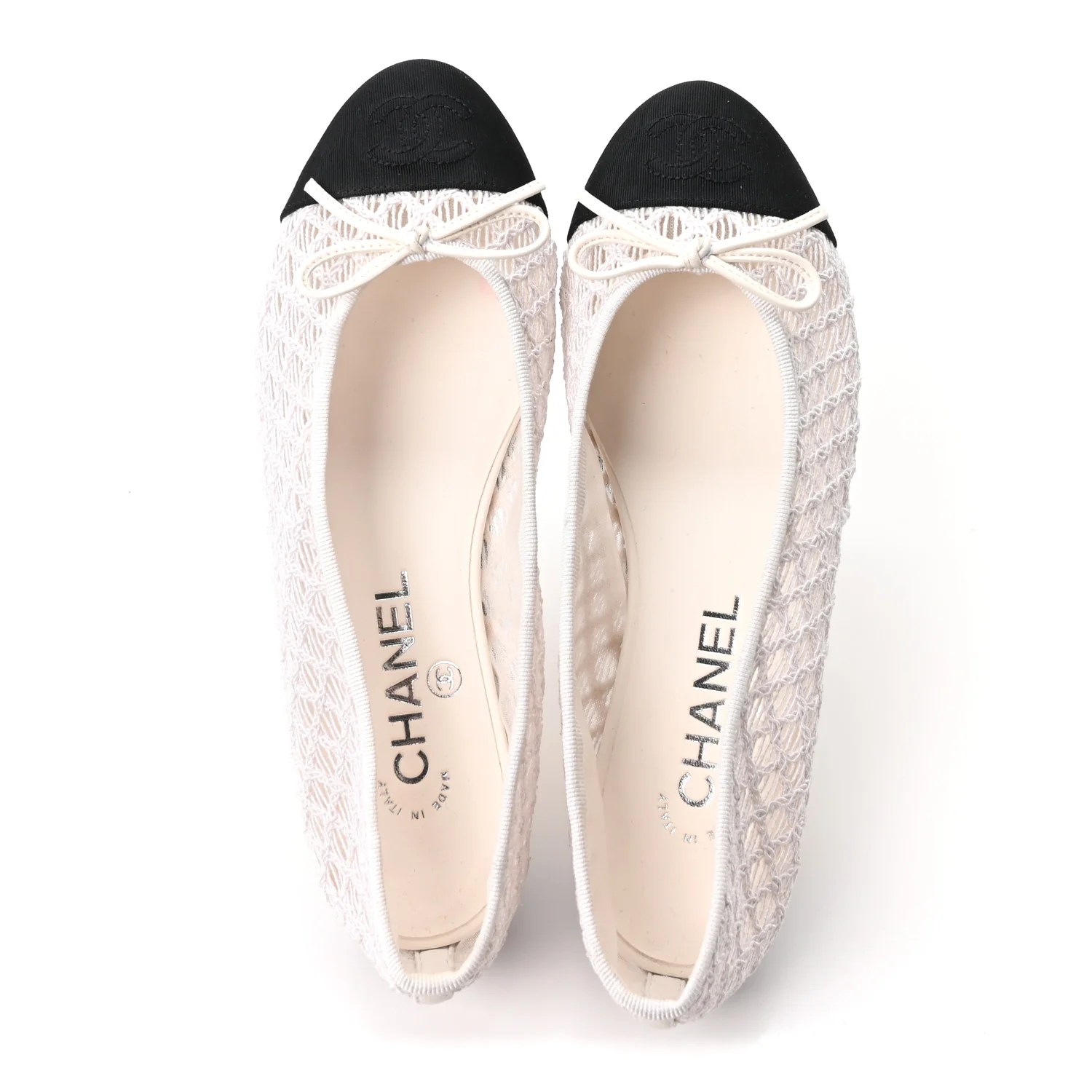 Mesh Crochet Grosgrain Cap Toe Ballerina Flats 36 White Black - Image 2