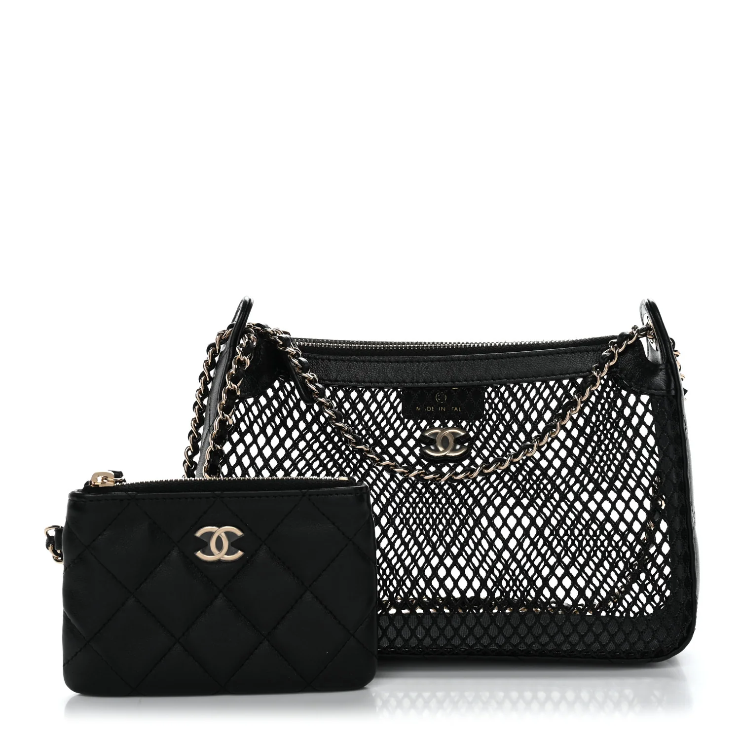 Mesh Shiny Lambskin Clutch With Chain Black - Image 3