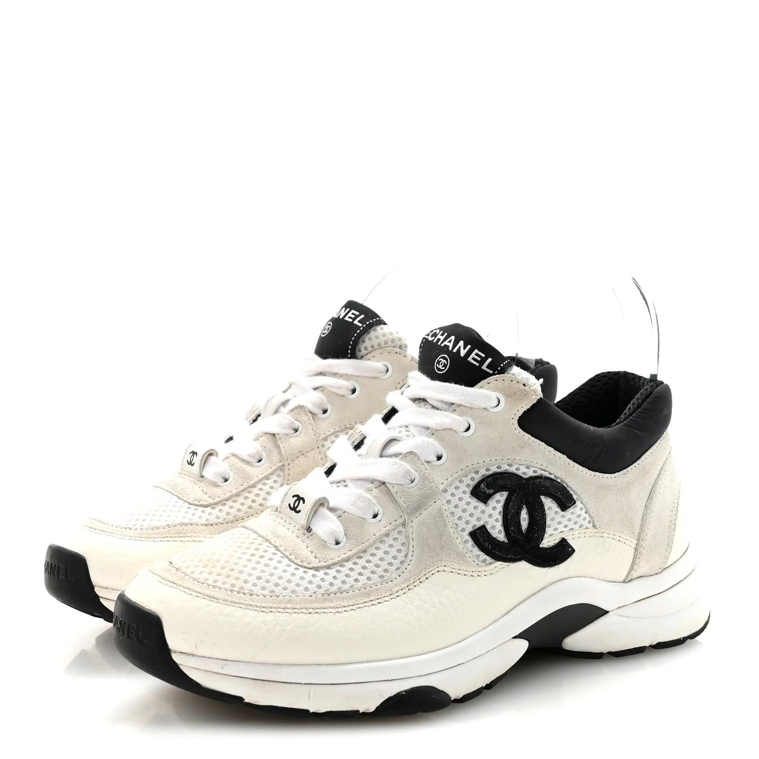Mesh Suede Calfskin Grained Calfskin Womens CC Sneakers 36 White Black - Image 4