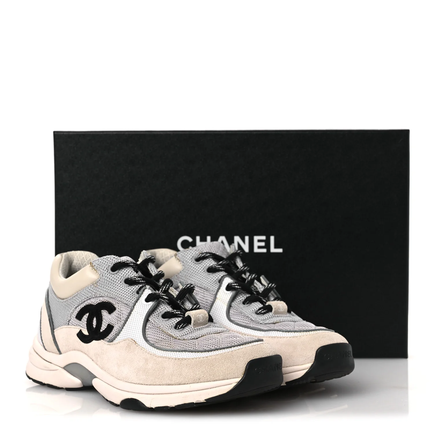 Mesh Suede Calfskin Grained Calfskin Womens CC Sneakers 37 Grey White - Image 17