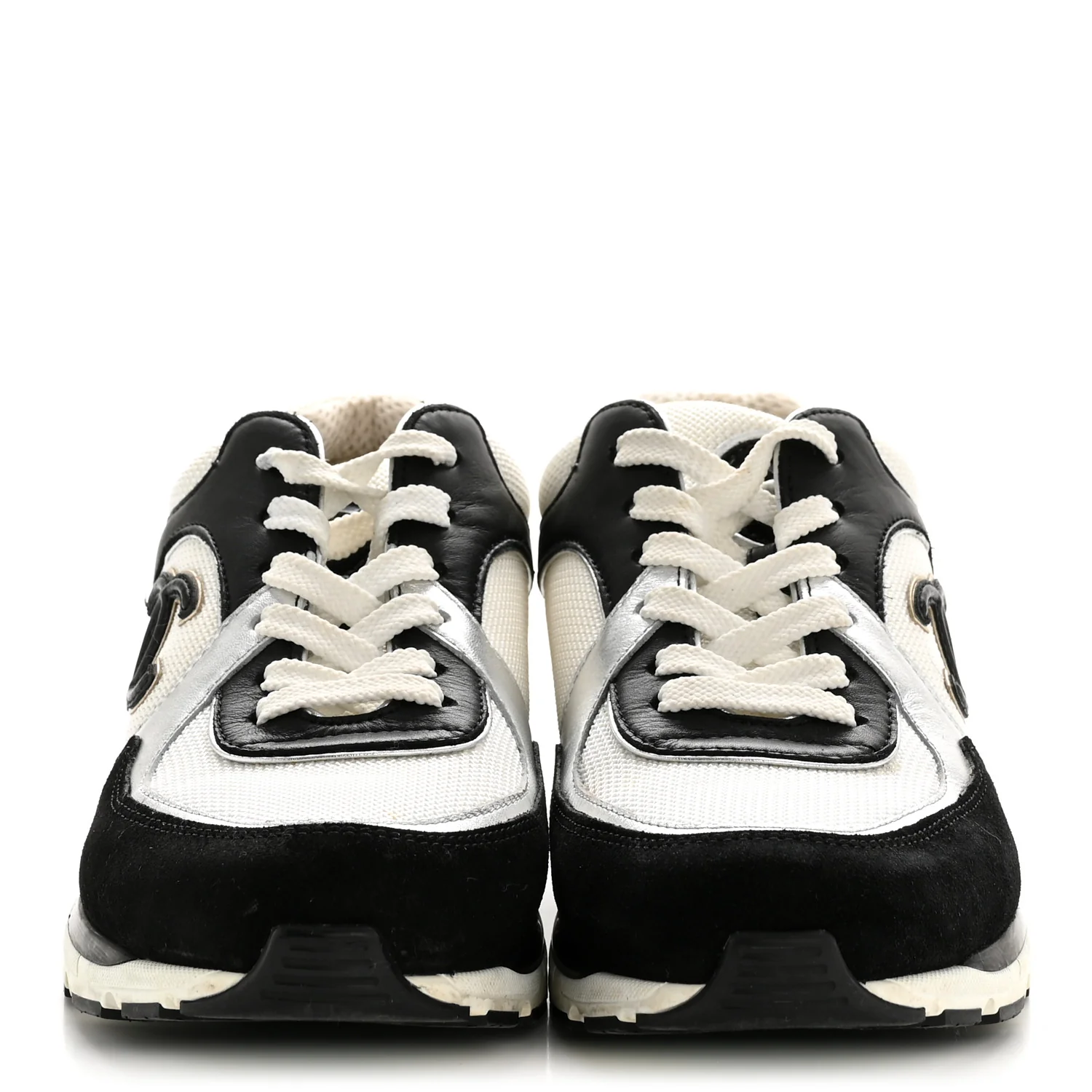 Mesh Suede Calfskin Grained Calfskin Womens CC Sneakers 38 Black White Silver - Image 3