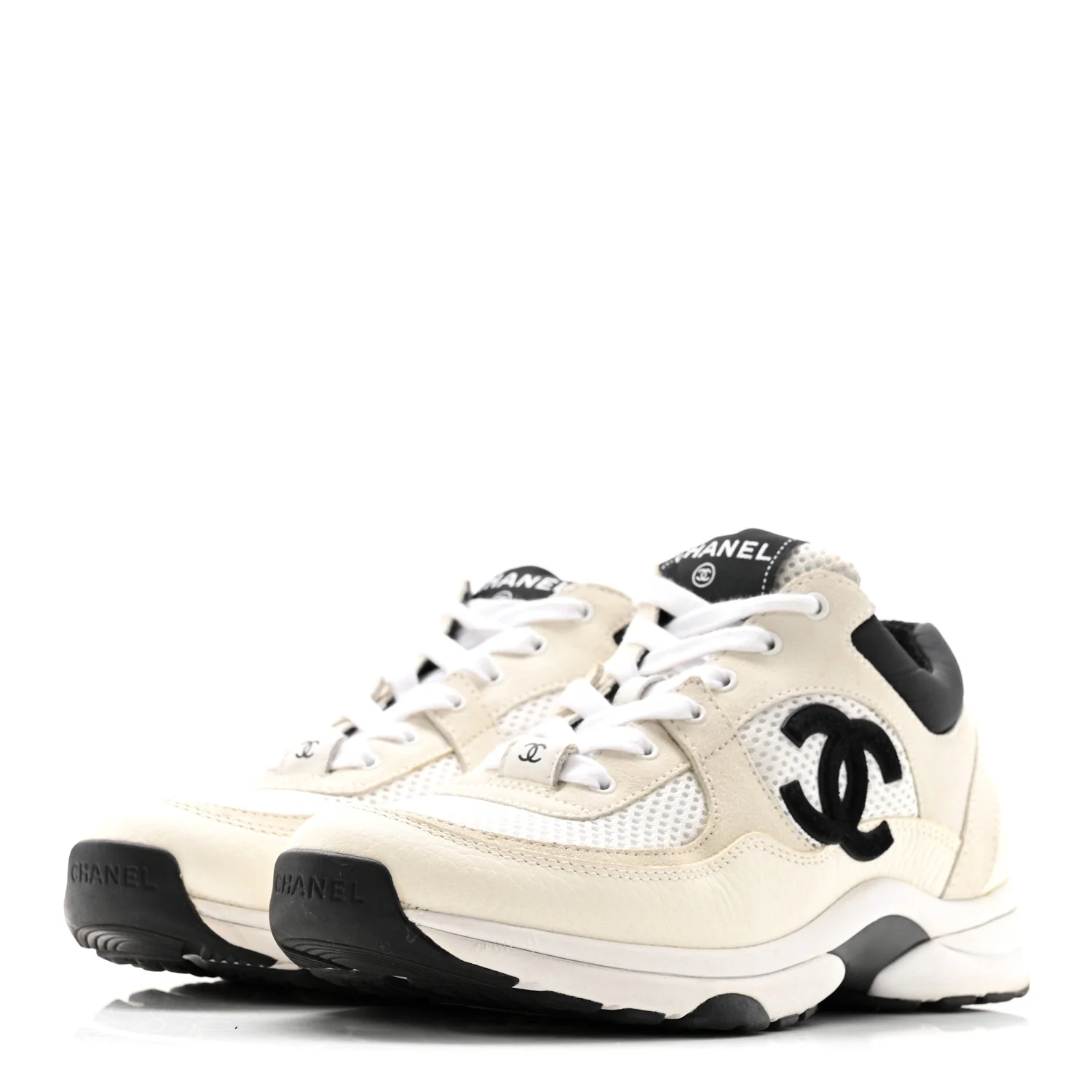 Mesh Suede Calfskin Grained Calfskin Womens CC Sneakers 38 White Black - Image 7