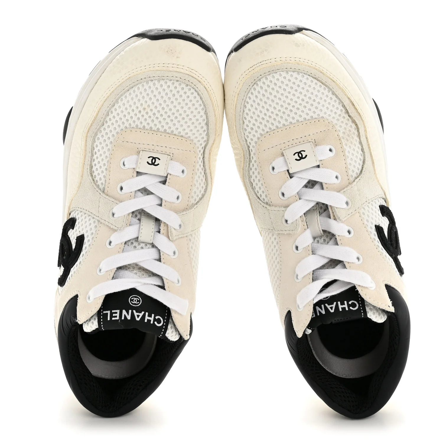 Mesh Suede Grained Calfskin Womens CC Sneakers 36.5 White Black - Image 2