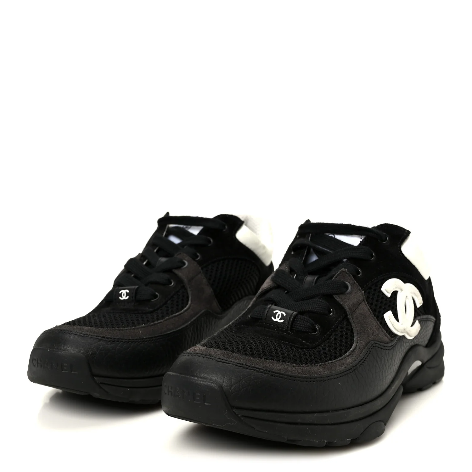 Mesh Suede Grained Calfskin Womens CC Sneakers 37 Black White - Image 4