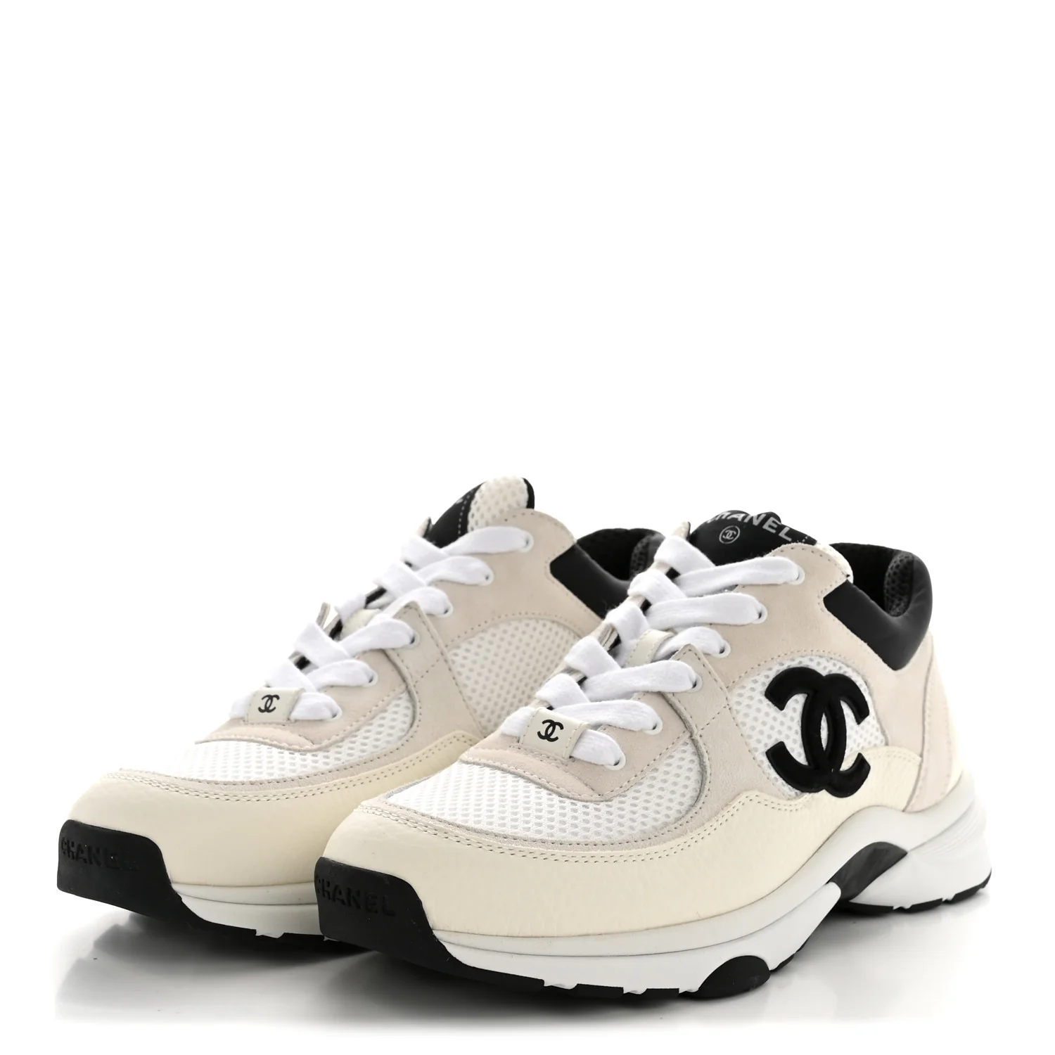 Mesh Suede Grained Calfskin Womens CC Sneakers 38.5 White Black - Image 4