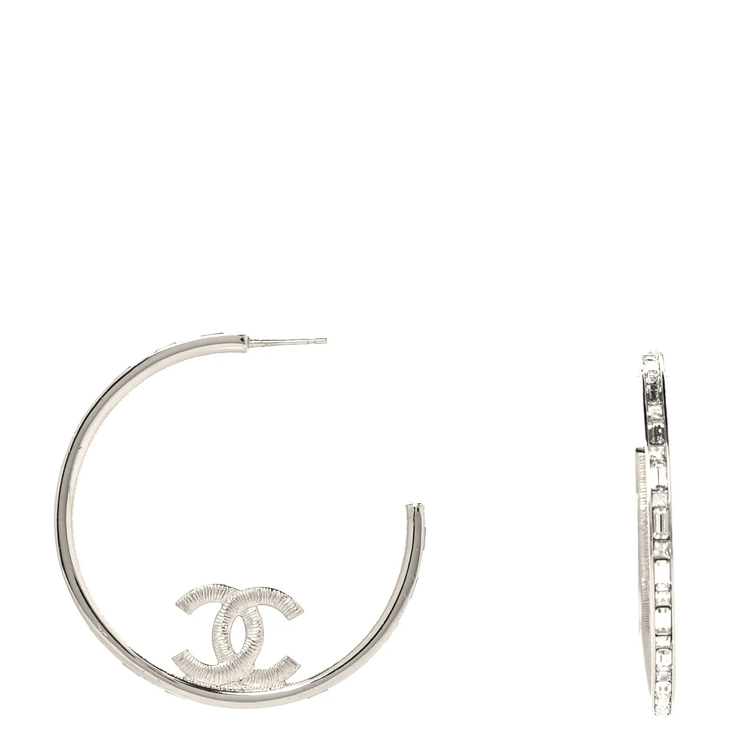 Metal Crystal Baguette CC Large Hoop Earrings Silver